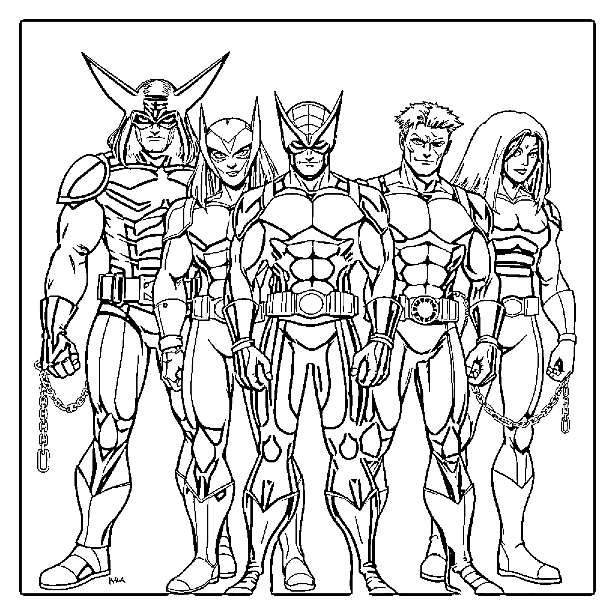 Xmen superheroes in action poses Coloring Page (free black-and-white line drawing printable PDF for all, from beginners to advanced learners, including children, teens, adults, and seniors)
