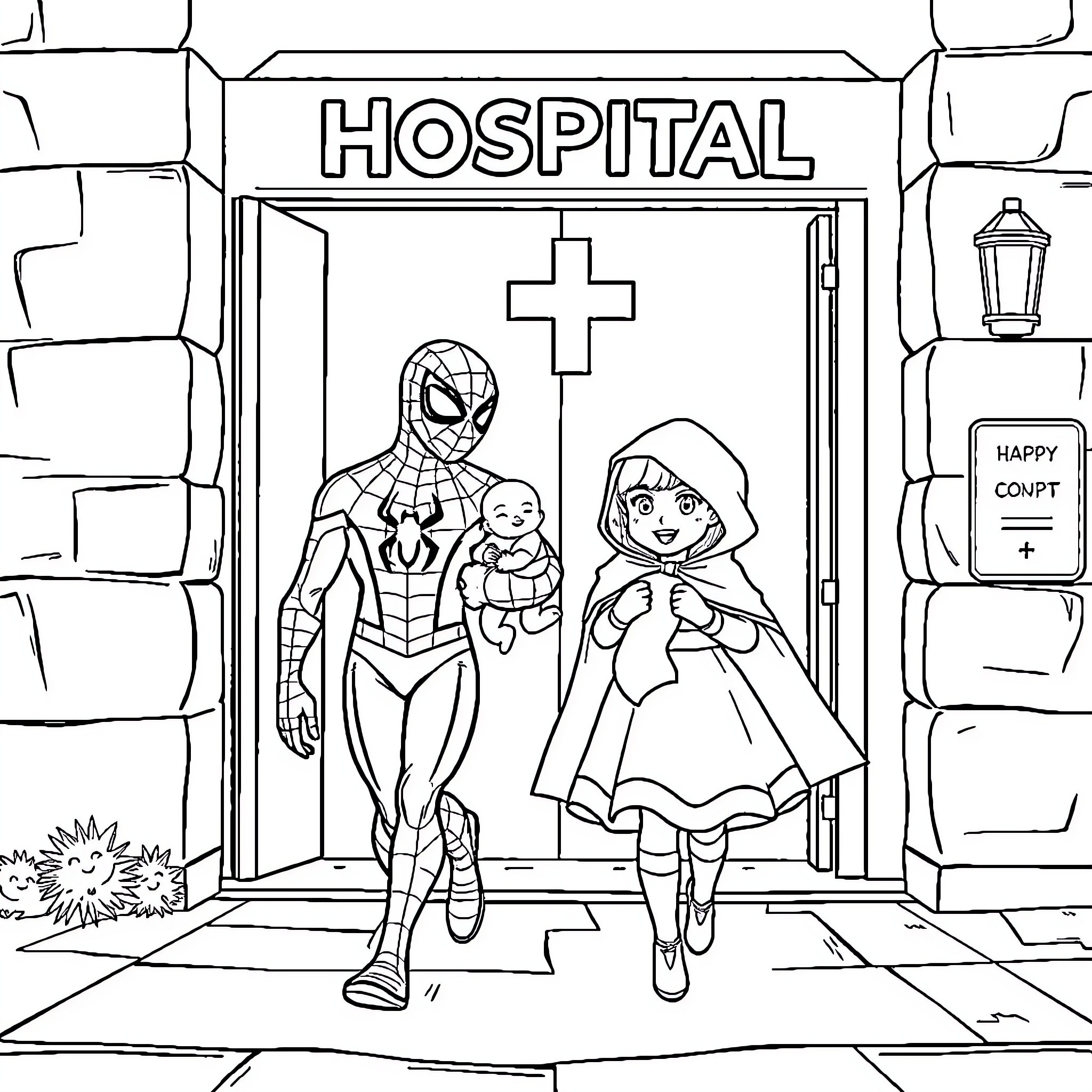 Spiderman visiting injured child at the hospital Coloring Page (free black-and-white line drawing printable PDF for all, from beginners to advanced learners, including children, teens, adults, and seniors)