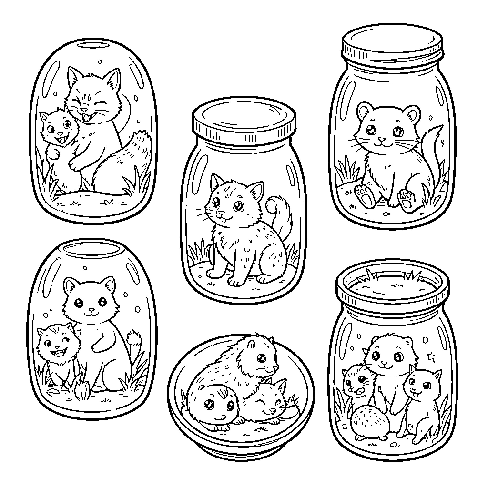 Creature friends resting inside various glass containers Coloring Page (free black-and-white line drawing printable PDF for all, from beginners to advanced learners, including children, teens, adults, and seniors)