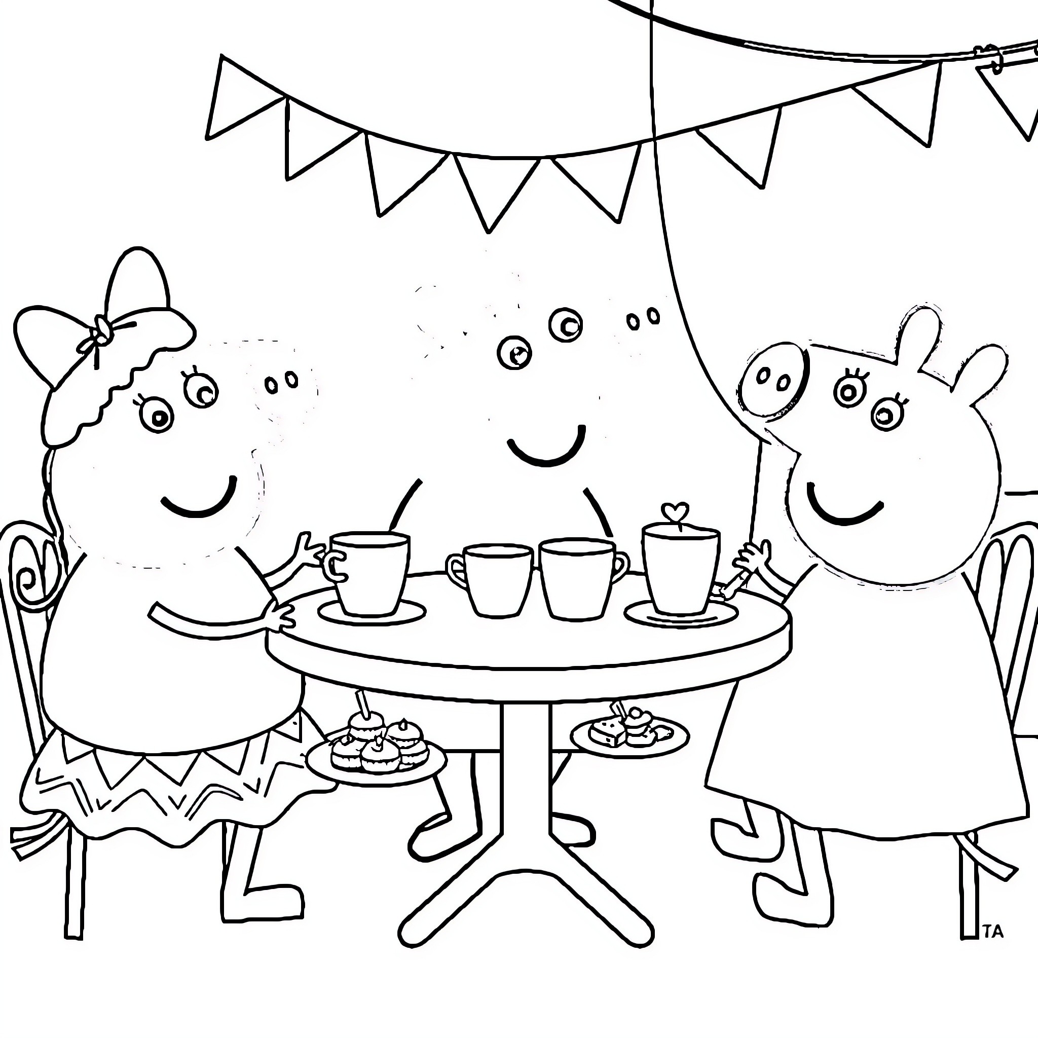 Peppa Pig and friends having a tea party Coloring Page (free black-and-white line drawing printable PDF for all, from beginners to advanced learners, including children, teens, adults, and seniors)