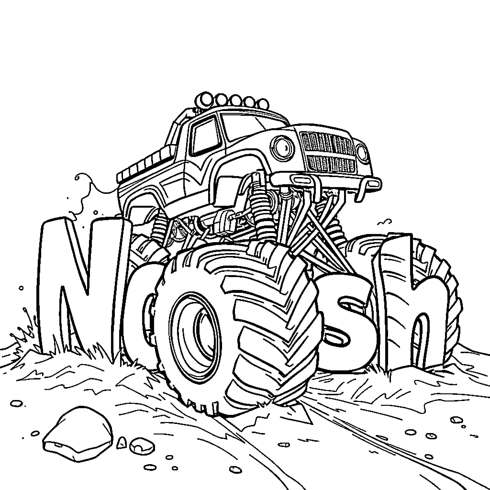 Monster Truck Crushing Through the Rough Terrain Coloring Page (free black-and-white line drawing printable PDF for all, from beginners to advanced learners, including children, teens, adults, and seniors)