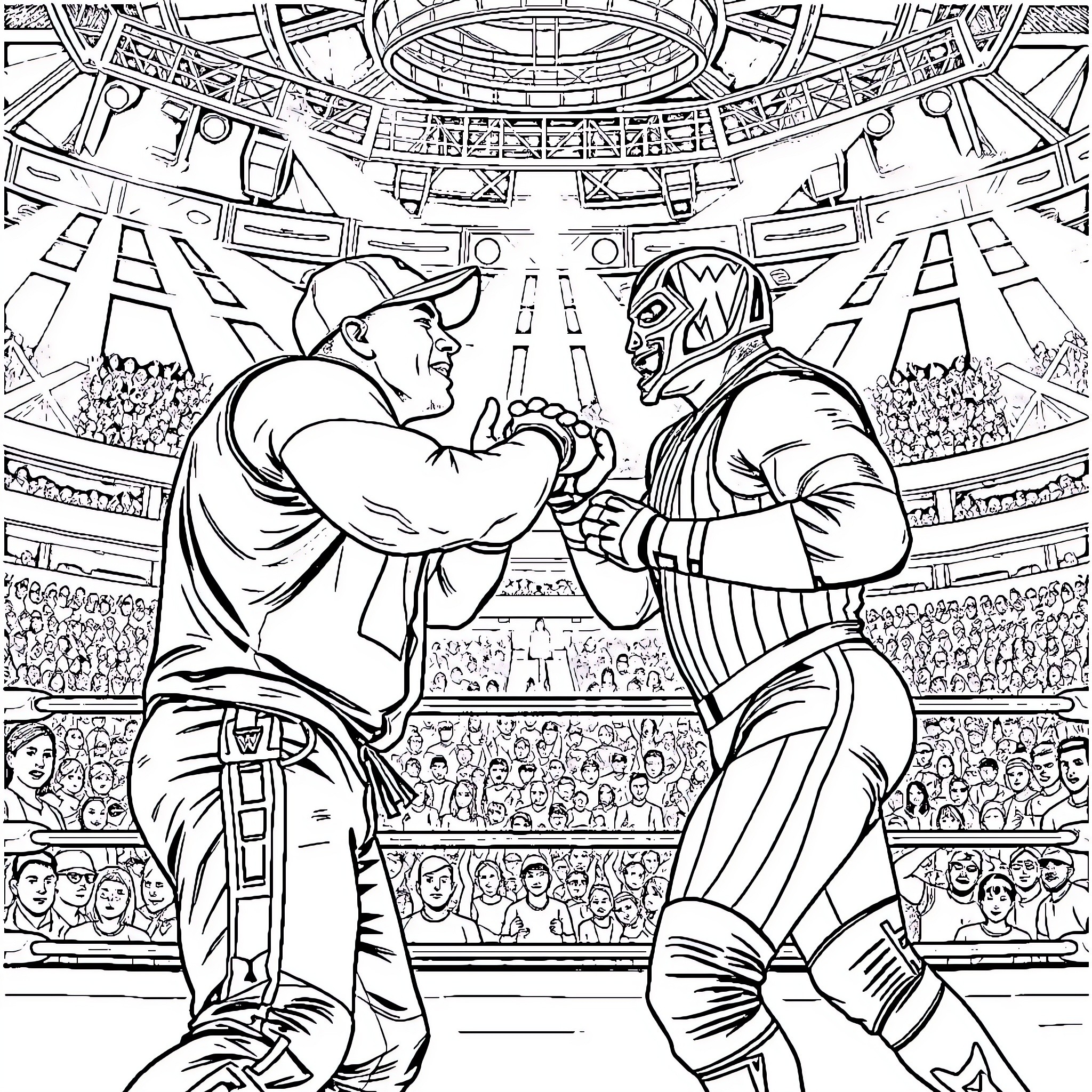 Wrestling in an Extraordinary Arena Coloring Page (free black-and-white line drawing printable PDF for all, from beginners to advanced learners, including children, teens, adults, and seniors)