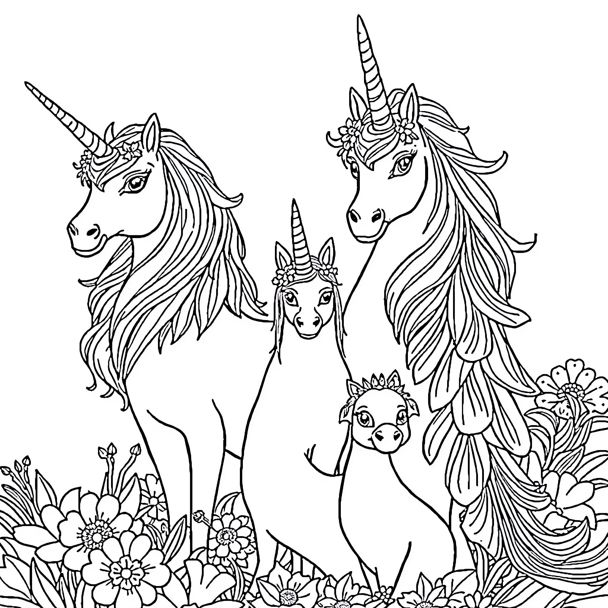 Unicorn family in a floral fantasy scene Coloring Page (free black-and-white line drawing printable PDF for all, from beginners to advanced learners, including children, teens, adults, and seniors)