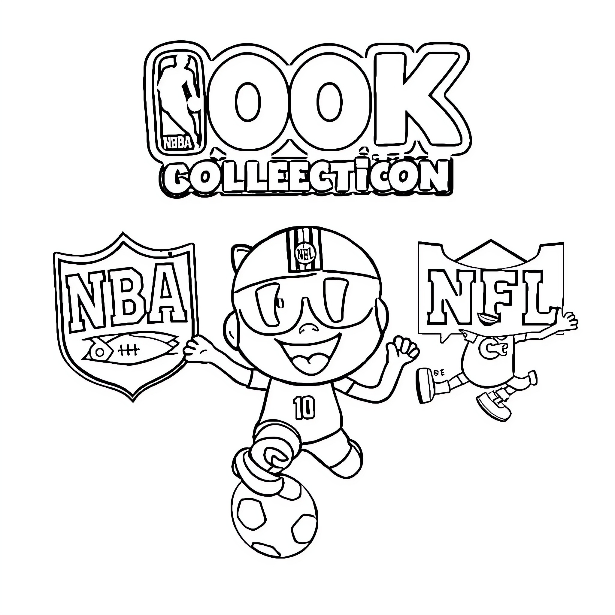 Sports logos and mascot characters in black and white Coloring Page (free black-and-white line drawing printable PDF for all, from beginners to advanced learners, including children, teens, adults, and seniors)