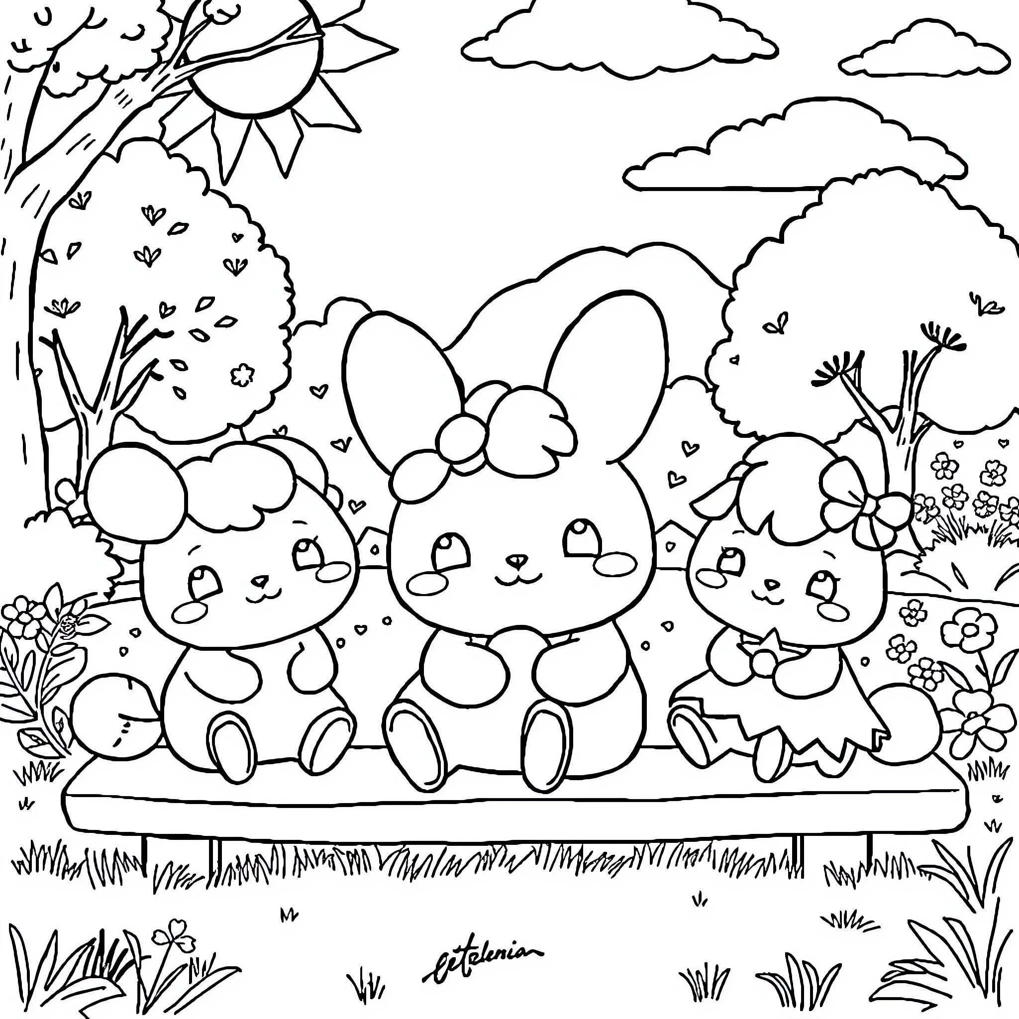 Cinnamonroll enjoying a peaceful day in the nature Coloring Page (free black-and-white line drawing printable PDF for all, from beginners to advanced learners, including children, teens, adults, and seniors)