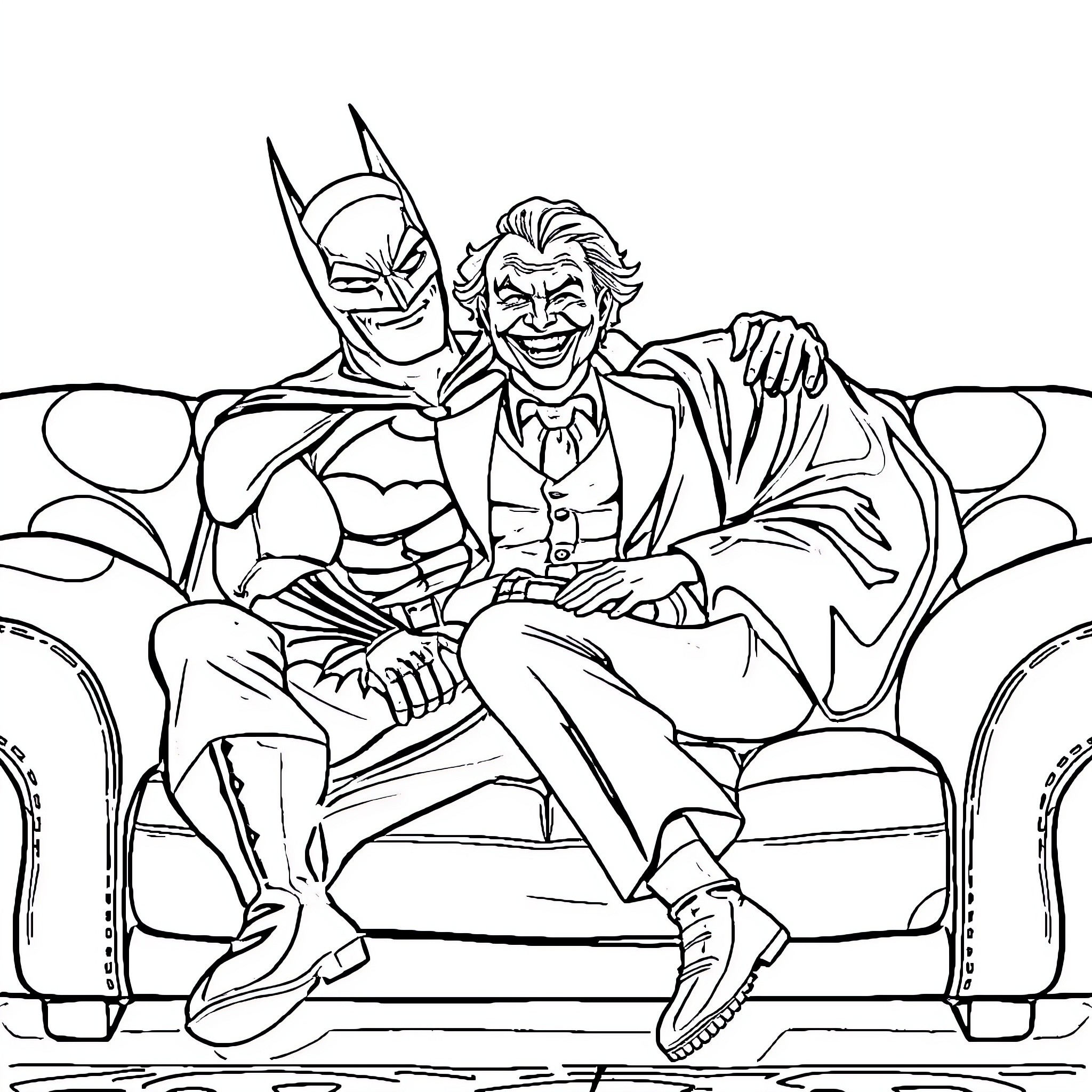 Batman and Joker sharing a moment on the couch Coloring Page (free black-and-white line drawing printable PDF for all, from beginners to advanced learners, including children, teens, adults, and seniors)