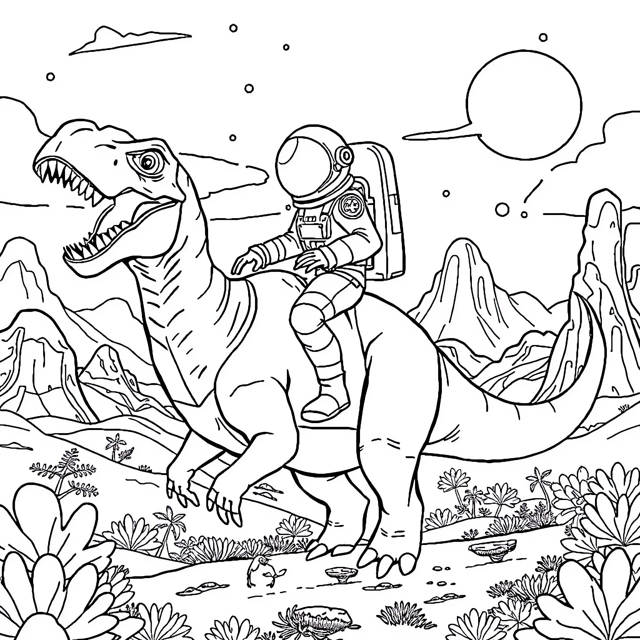 Astronaut exploring an alien planet with a dinosaur Coloring Page (free black-and-white line drawing printable PDF for all, from beginners to advanced learners, including children, teens, adults, and seniors)