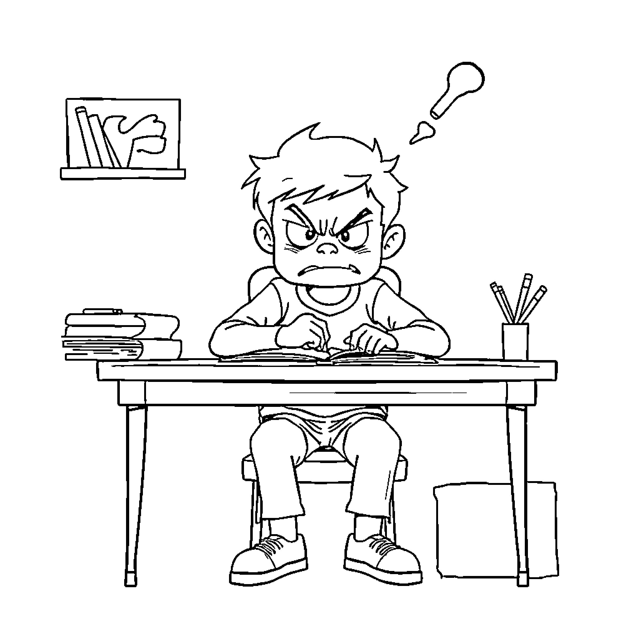 Kid focused on schoolwork at desk Coloring Page (free black-and-white line drawing printable PDF for all, from beginners to advanced learners, including children, teens, adults, and seniors)