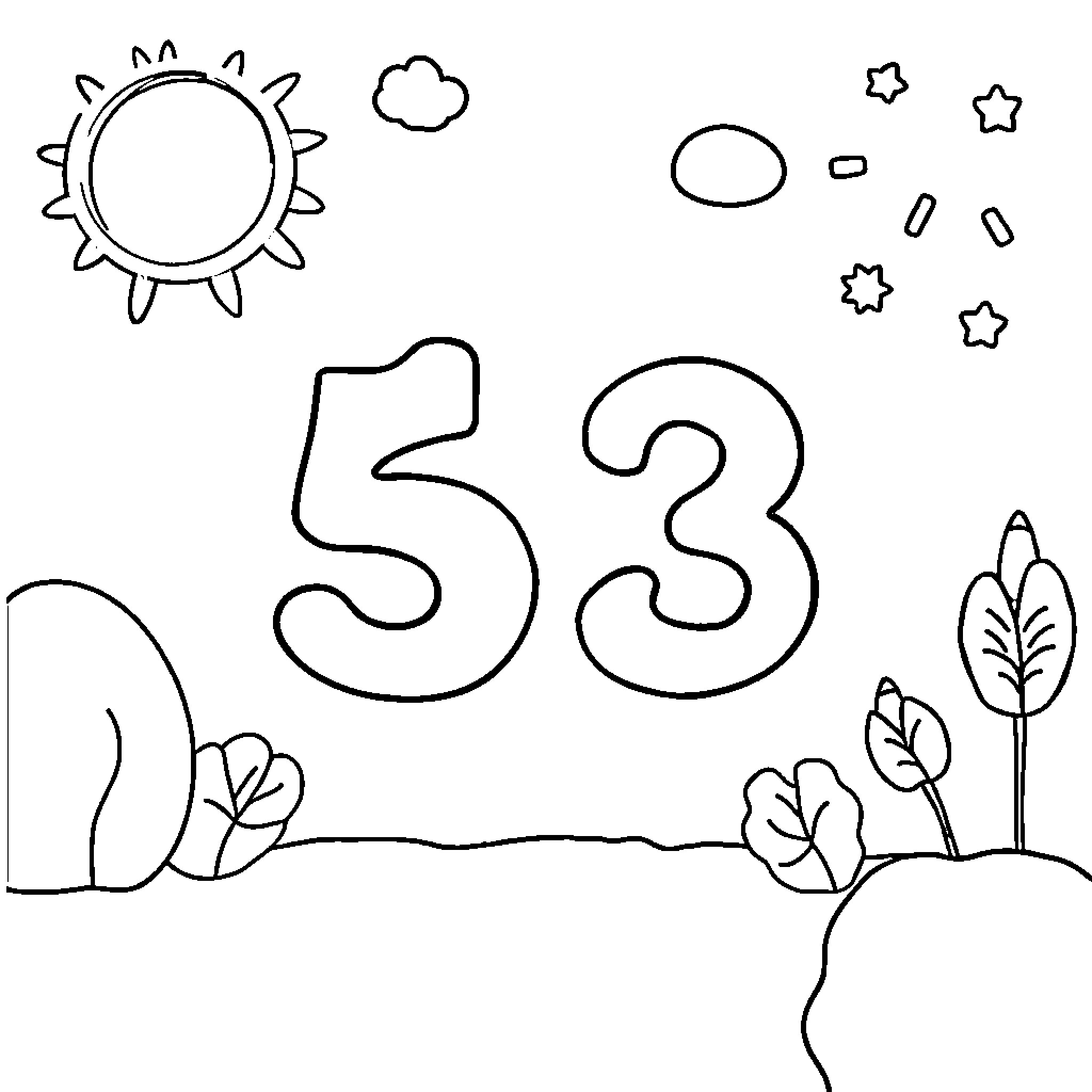 Number 33 with nature elements Coloring Page (free black-and-white line drawing printable PDF for all, from beginners to advanced learners, including children, teens, adults, and seniors)