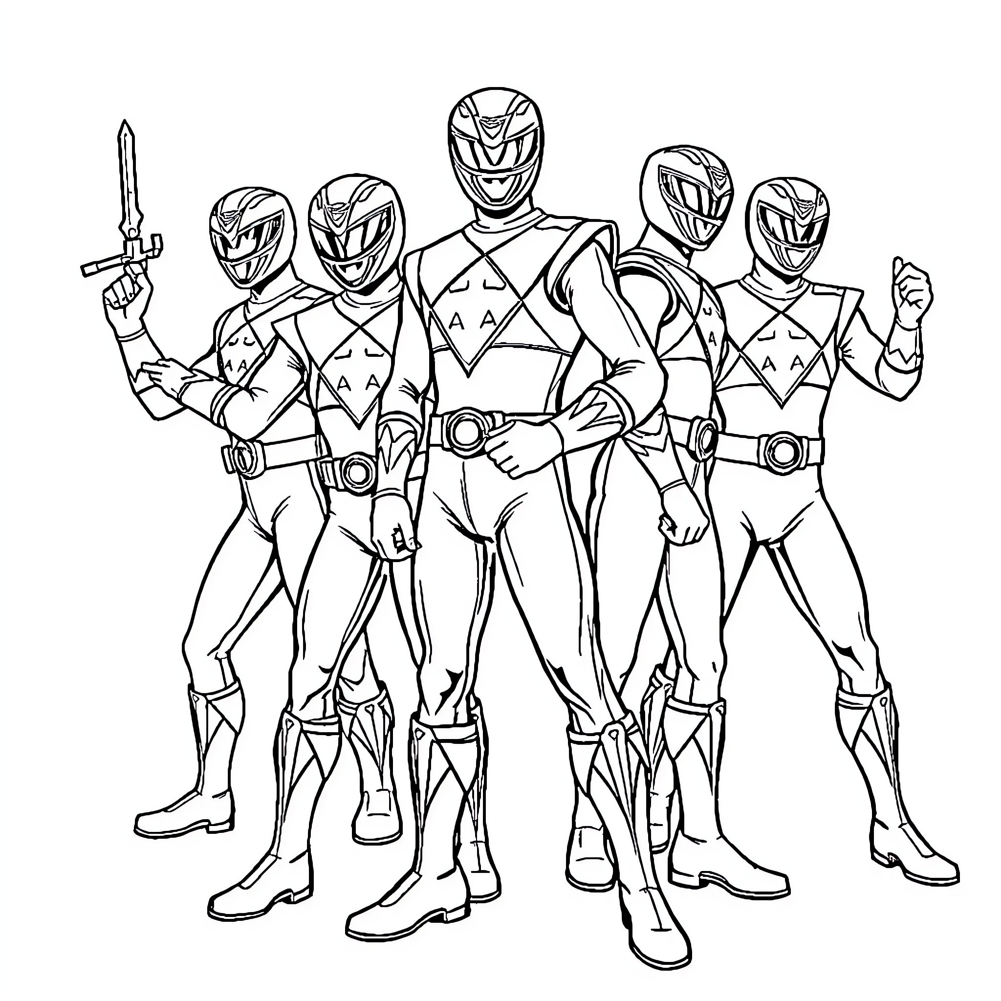 Power Rangers Heroic Team Assembled Coloring Page (free black-and-white line drawing printable PDF for all, from beginners to advanced learners, including children, teens, adults, and seniors)