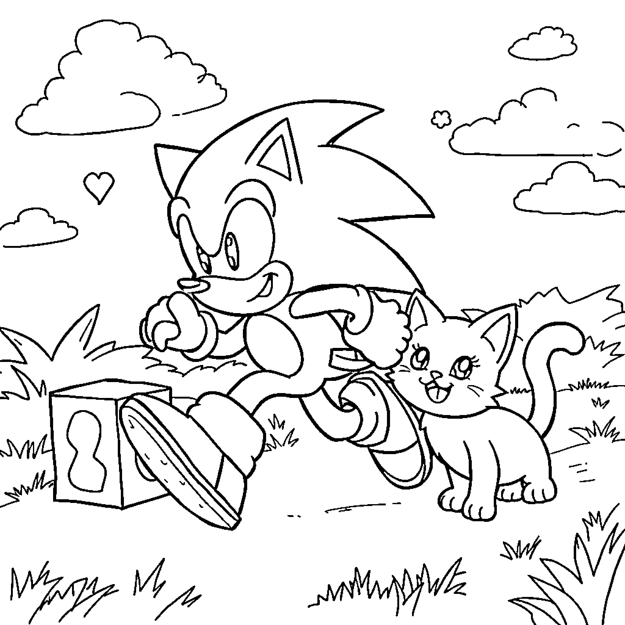 Sonic exploring with cute animal companion Coloring Page (free black-and-white line drawing printable PDF for all, from beginners to advanced learners, including children, teens, adults, and seniors)