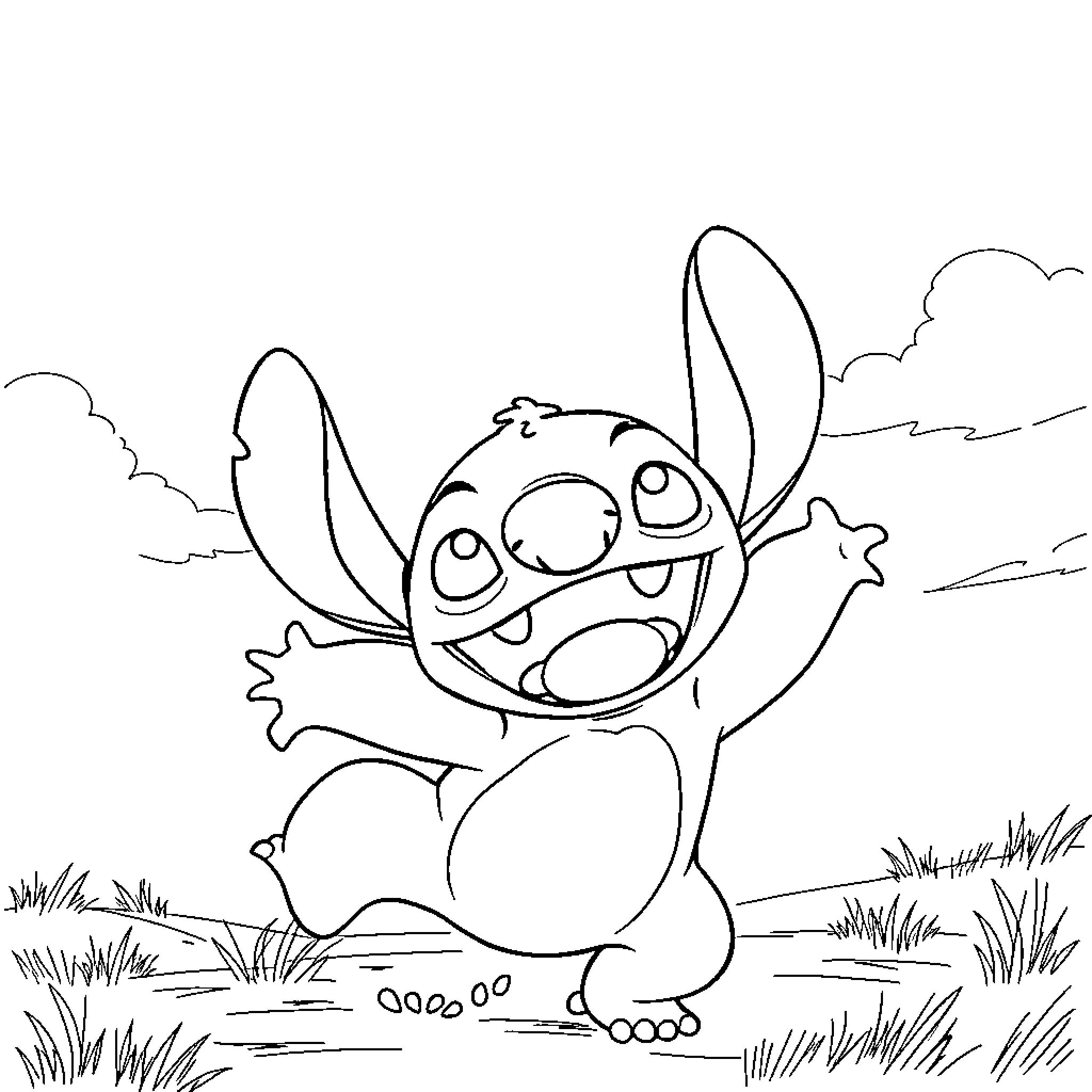 Stitch exploring the outdoors happily Coloring Page (free black-and-white line drawing printable PDF for all, from beginners to advanced learners, including children, teens, adults, and seniors)