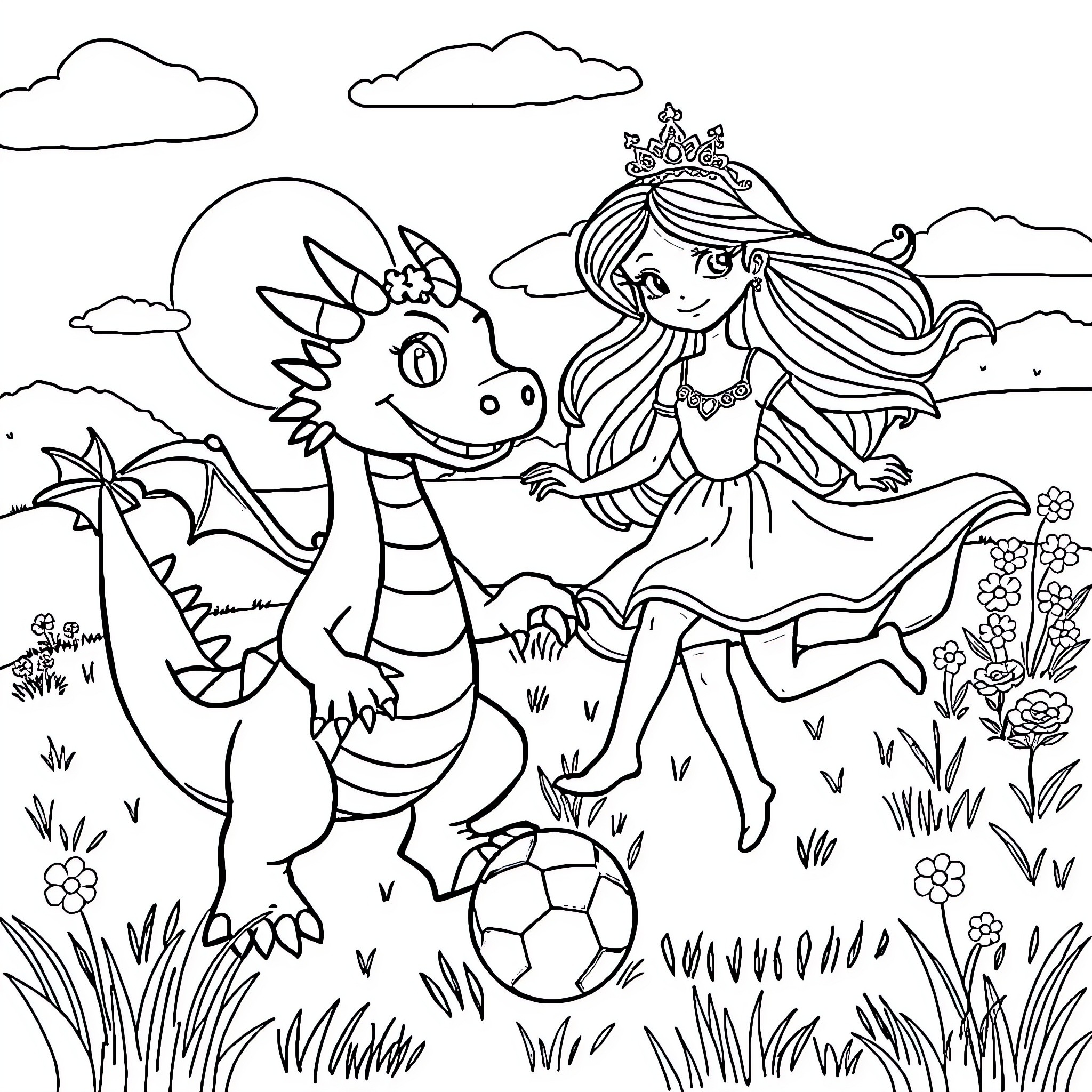 Dragon and Princess Playing with Ball in the Park Coloring Page (free black-and-white line drawing printable PDF for all, from beginners to advanced learners, including children, teens, adults, and seniors)