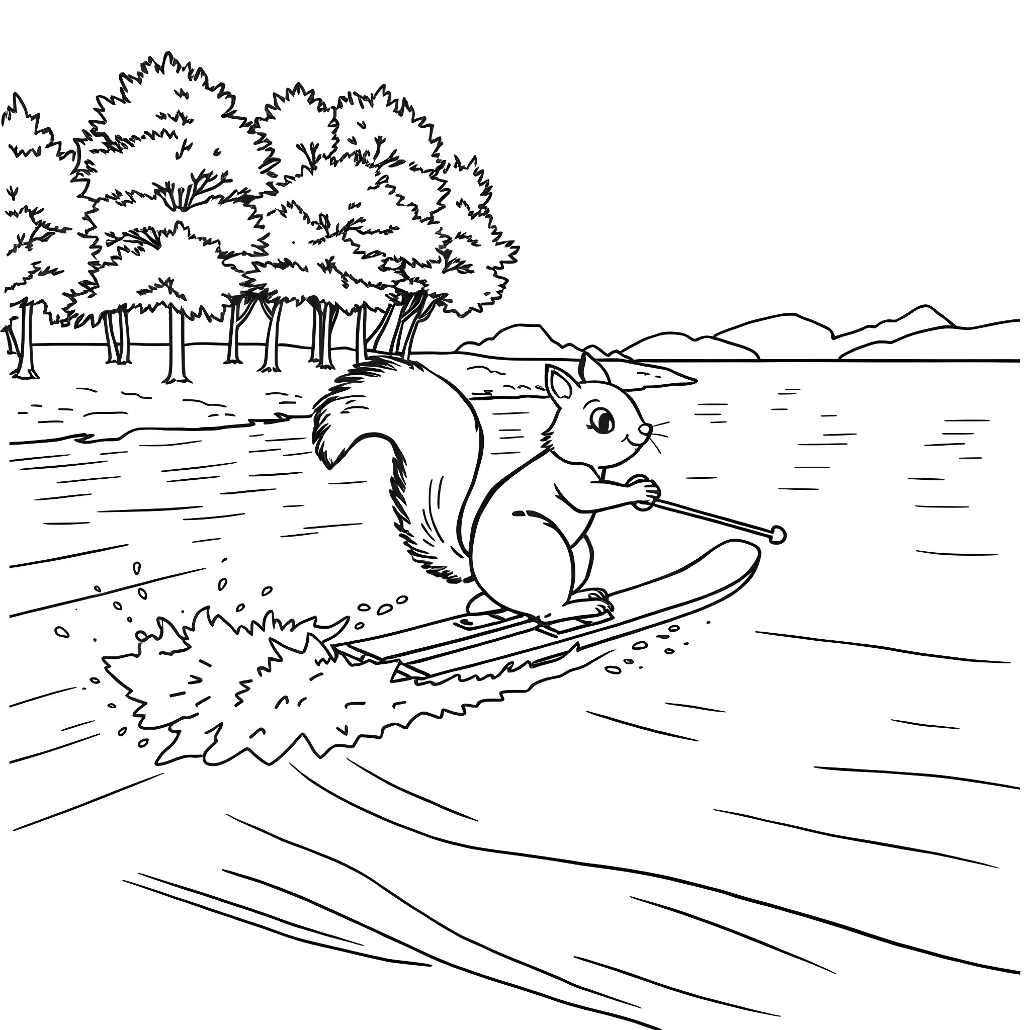 Squirrel skiing down a snowy slope Coloring Page (free black-and-white line drawing printable PDF for all, from beginners to advanced learners, including children, teens, adults, and seniors)