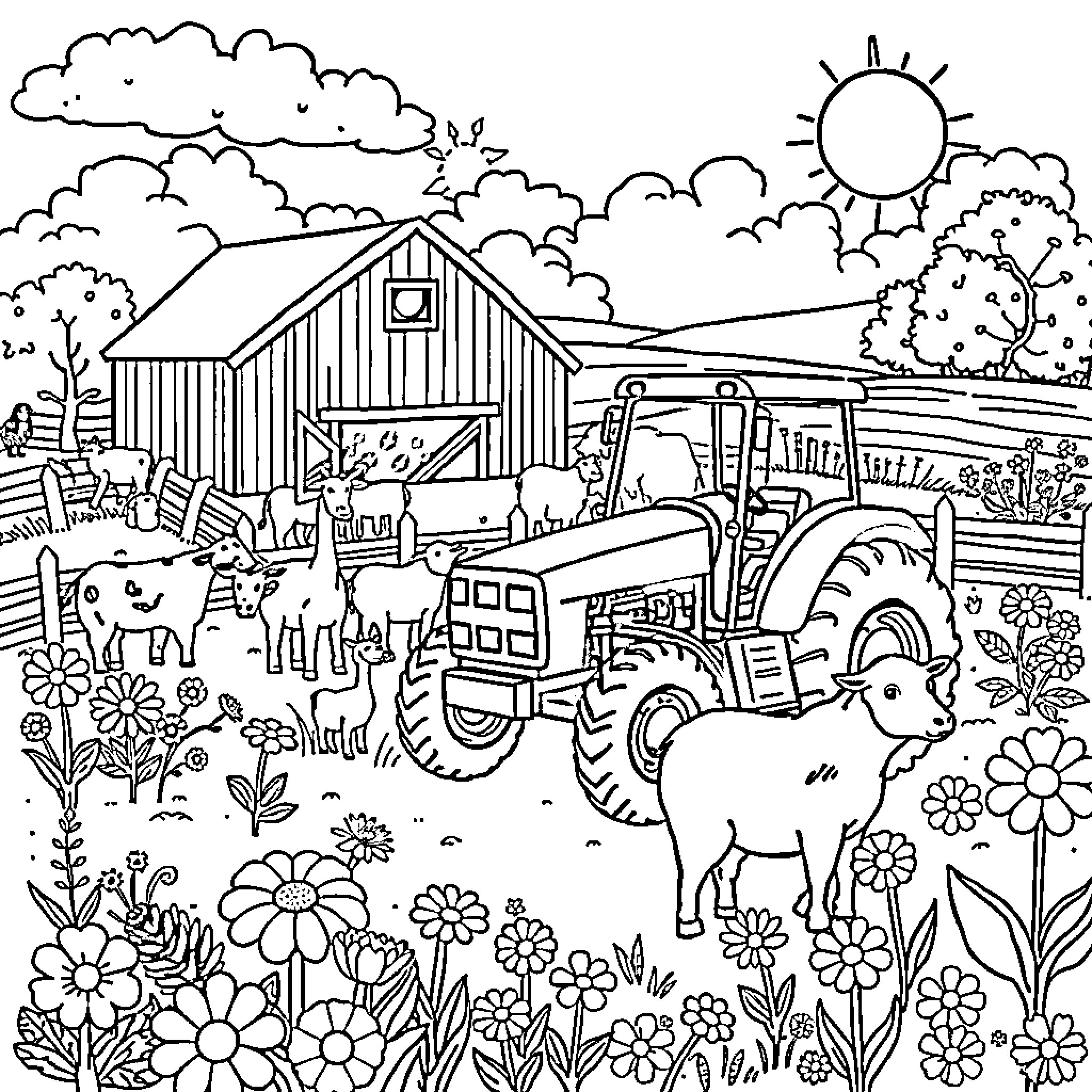 Farm Scene with Tractor and Animals Coloring Page (free black-and-white line drawing printable PDF for all, from beginners to advanced learners, including children, teens, adults, and seniors)