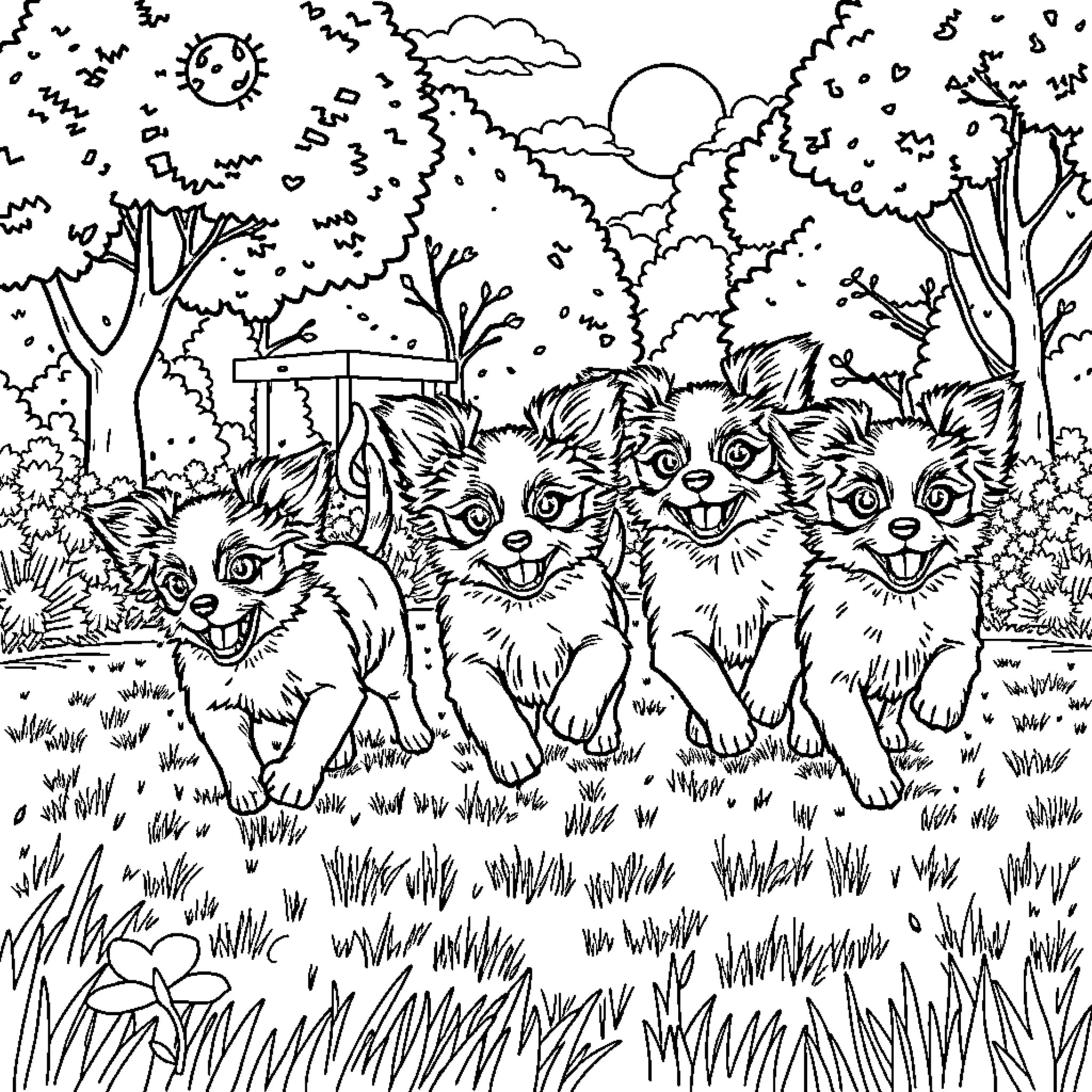 Papillon - Playful pack of puppies in the wilderness Coloring Page (free black-and-white line drawing printable PDF for all, from beginners to advanced learners, including children, teens, adults, and seniors)