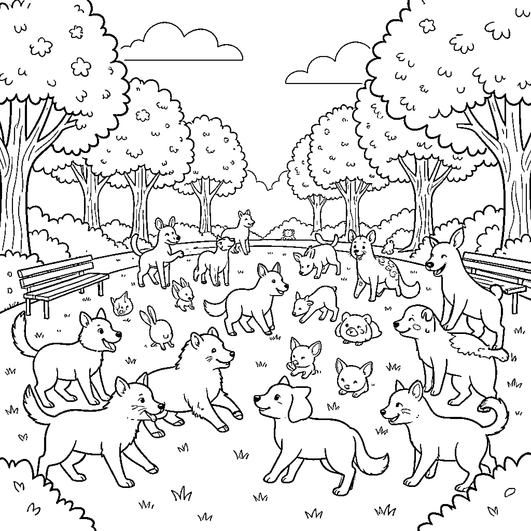 Animals playing in a lively park Coloring Page (free black-and-white line drawing printable PDF for all, from beginners to advanced learners, including children, teens, adults, and seniors)