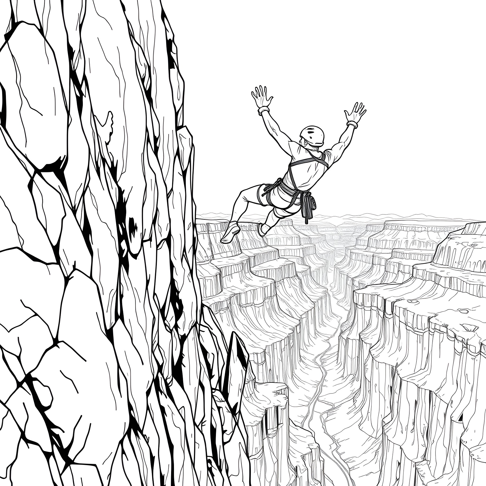 Rock Climber Scaling Rugged Cliff Face Coloring Page (free black-and-white line drawing printable PDF for all, from beginners to advanced learners, including children, teens, adults, and seniors)