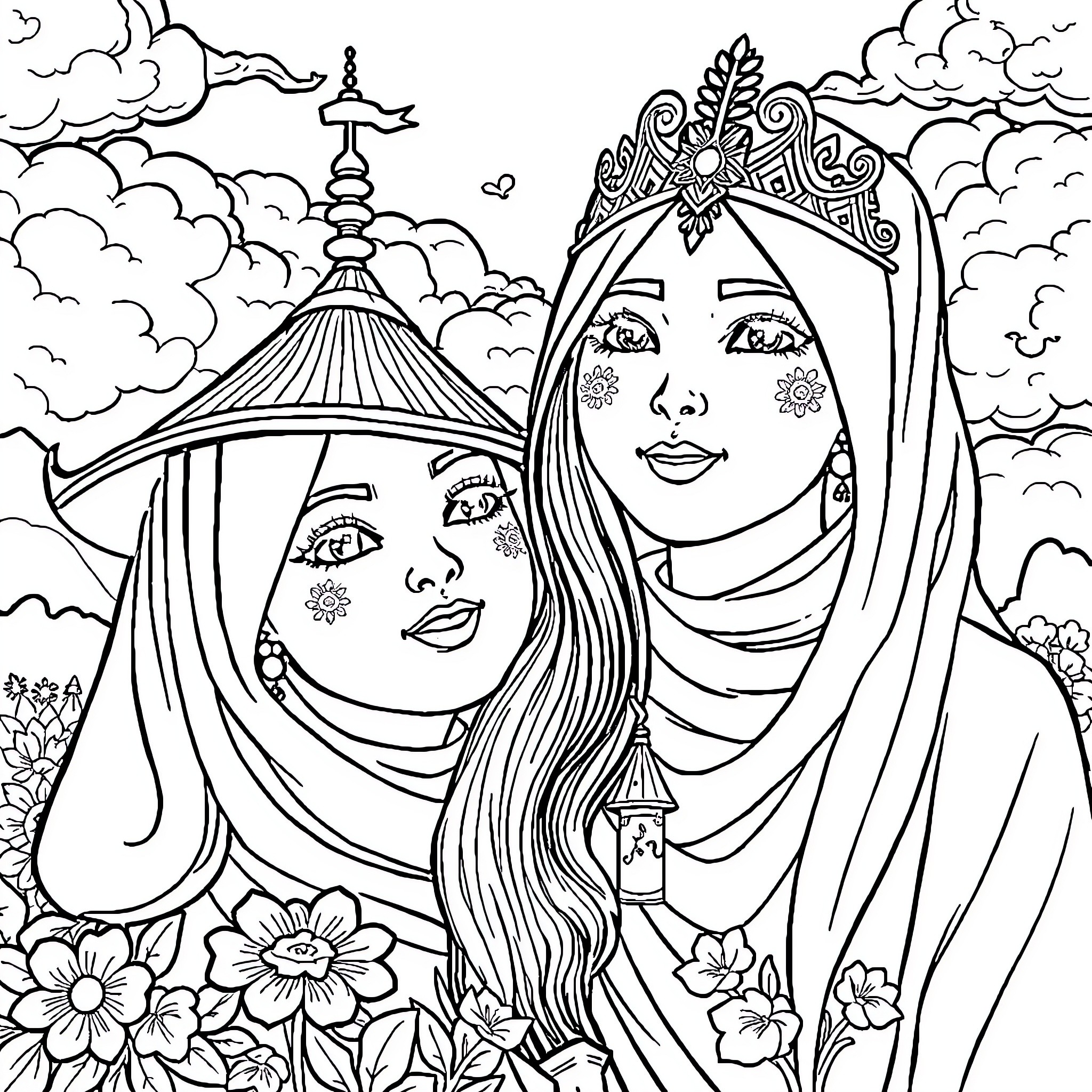 Princess and her companion enjoy a magical garden Coloring Page (free black-and-white line drawing printable PDF for all, from beginners to advanced learners, including children, teens, adults, and seniors)