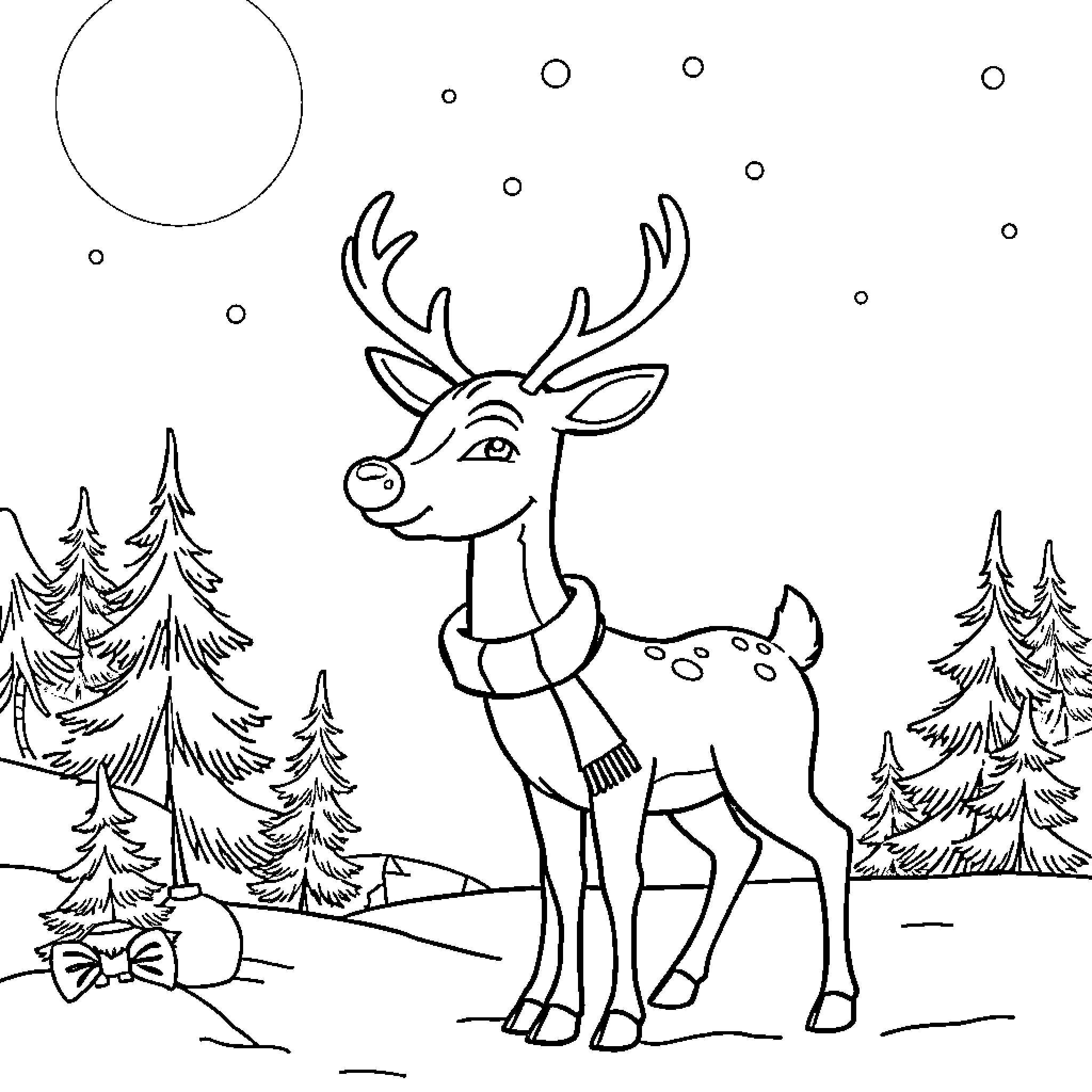 Rudolph in the Wintry Wonderland Coloring Page (free black-and-white line drawing printable PDF for all, from beginners to advanced learners, including children, teens, adults, and seniors)