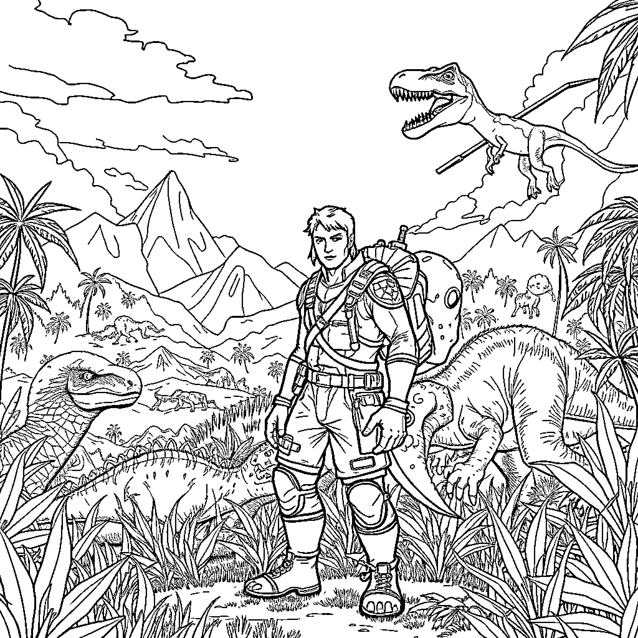 Character Exploring Prehistoric Wilderness Coloring Page (free black-and-white line drawing printable PDF for all, from beginners to advanced learners, including children, teens, adults, and seniors)