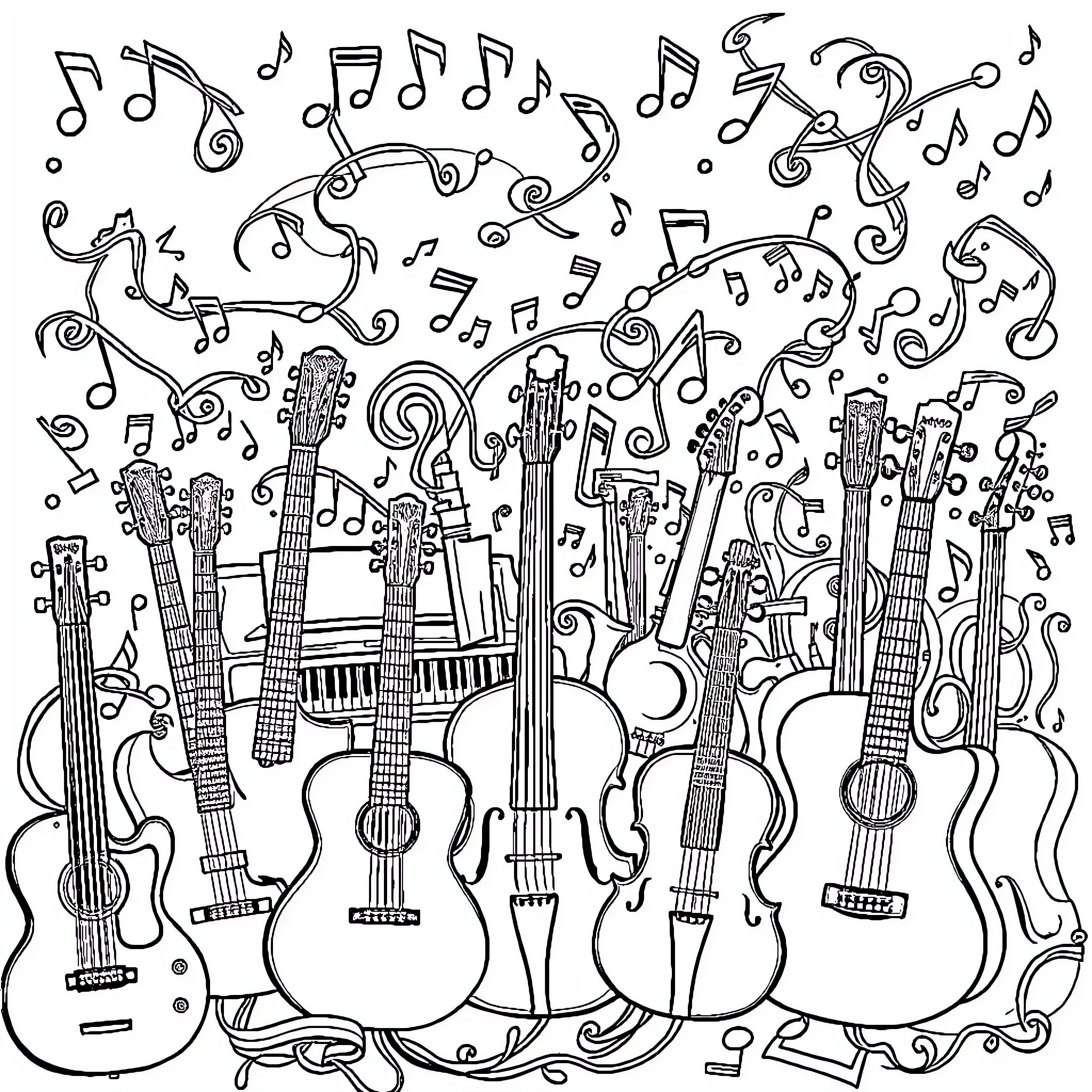 Music instruments and notes flowing with energy Coloring Page (free black-and-white line drawing printable PDF for all, from beginners to advanced learners, including children, teens, adults, and seniors)