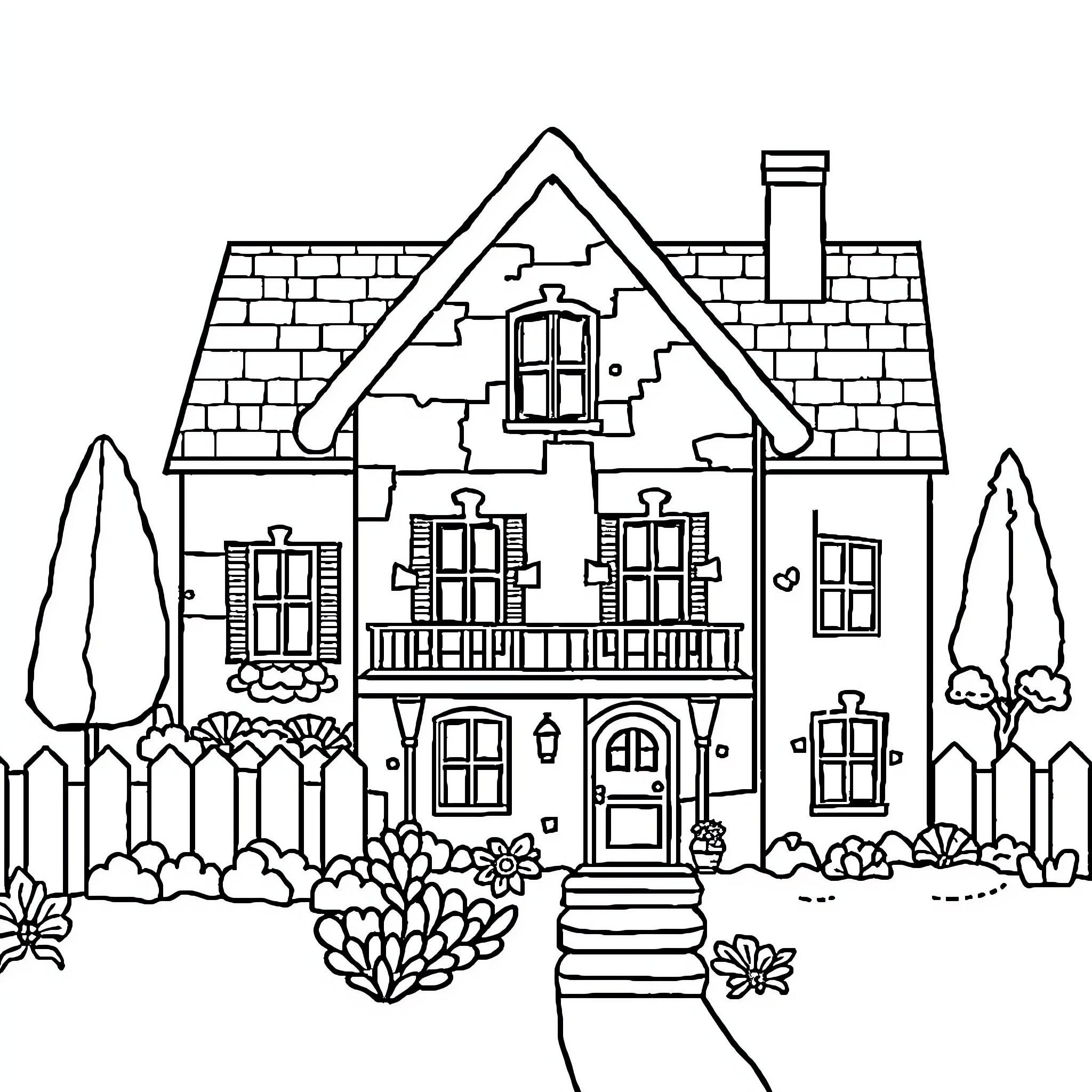 House with Detailed Architecture and Landscaping Coloring Page (free black-and-white line drawing printable PDF for all, from beginners to advanced learners, including children, teens, adults, and seniors)