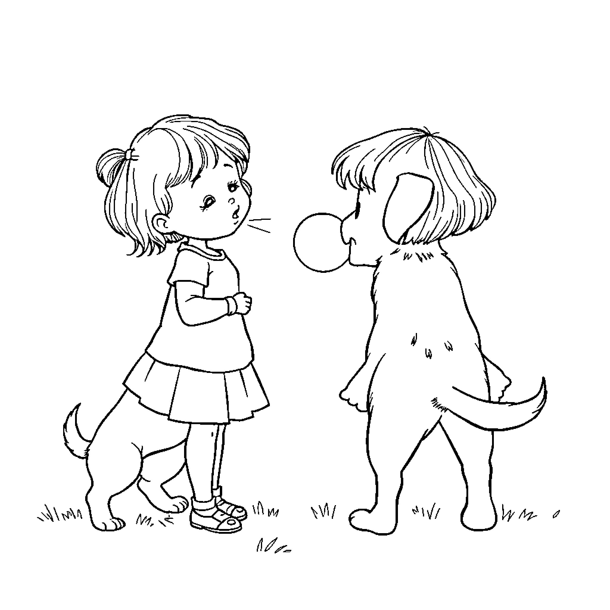 Girl and her playful puppy Coloring Page (free black-and-white line drawing printable PDF for all, from beginners to advanced learners, including children, teens, adults, and seniors)
