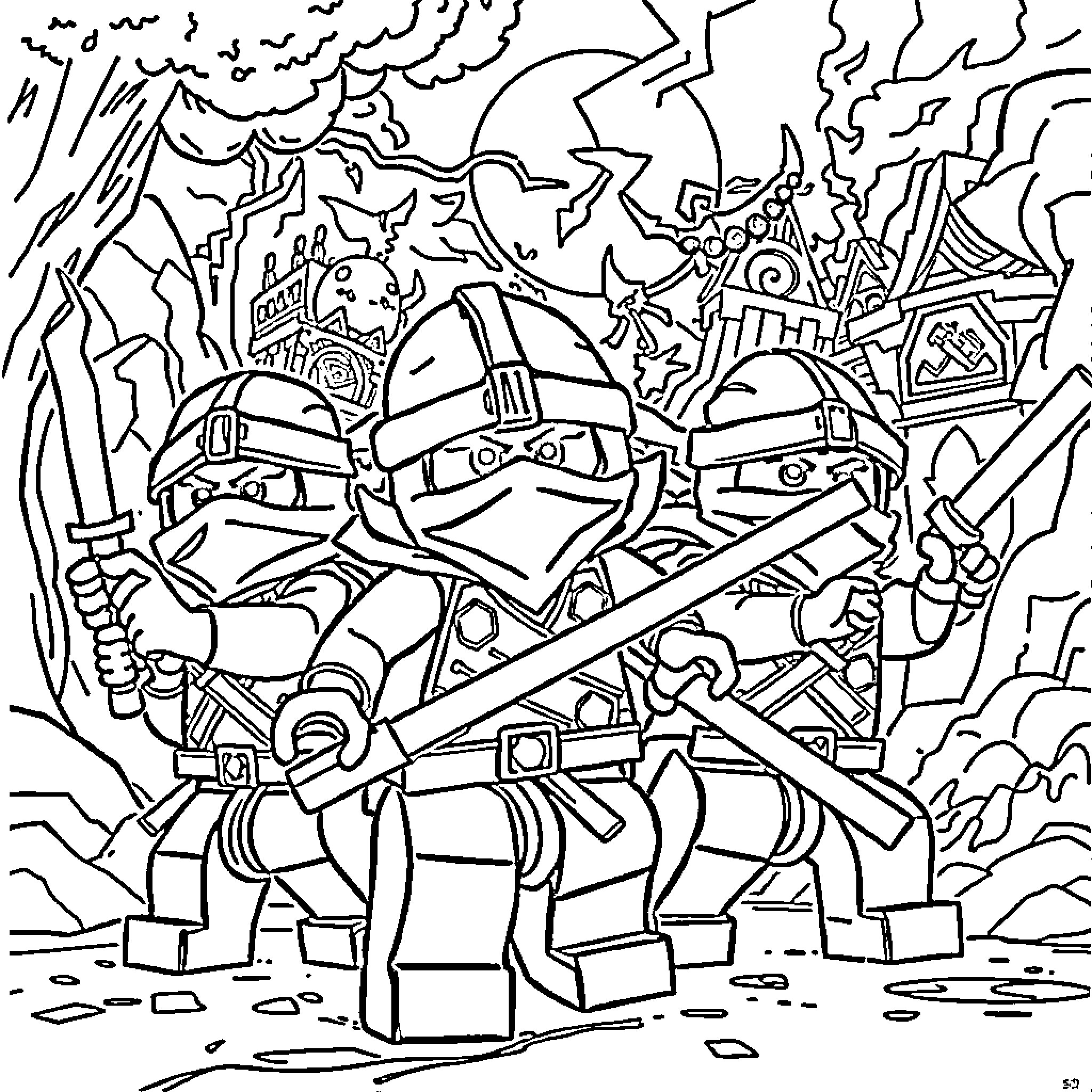 Ninjago warriors in fierce battle Coloring Page (free black-and-white line drawing printable PDF for all, from beginners to advanced learners, including children, teens, adults, and seniors)
