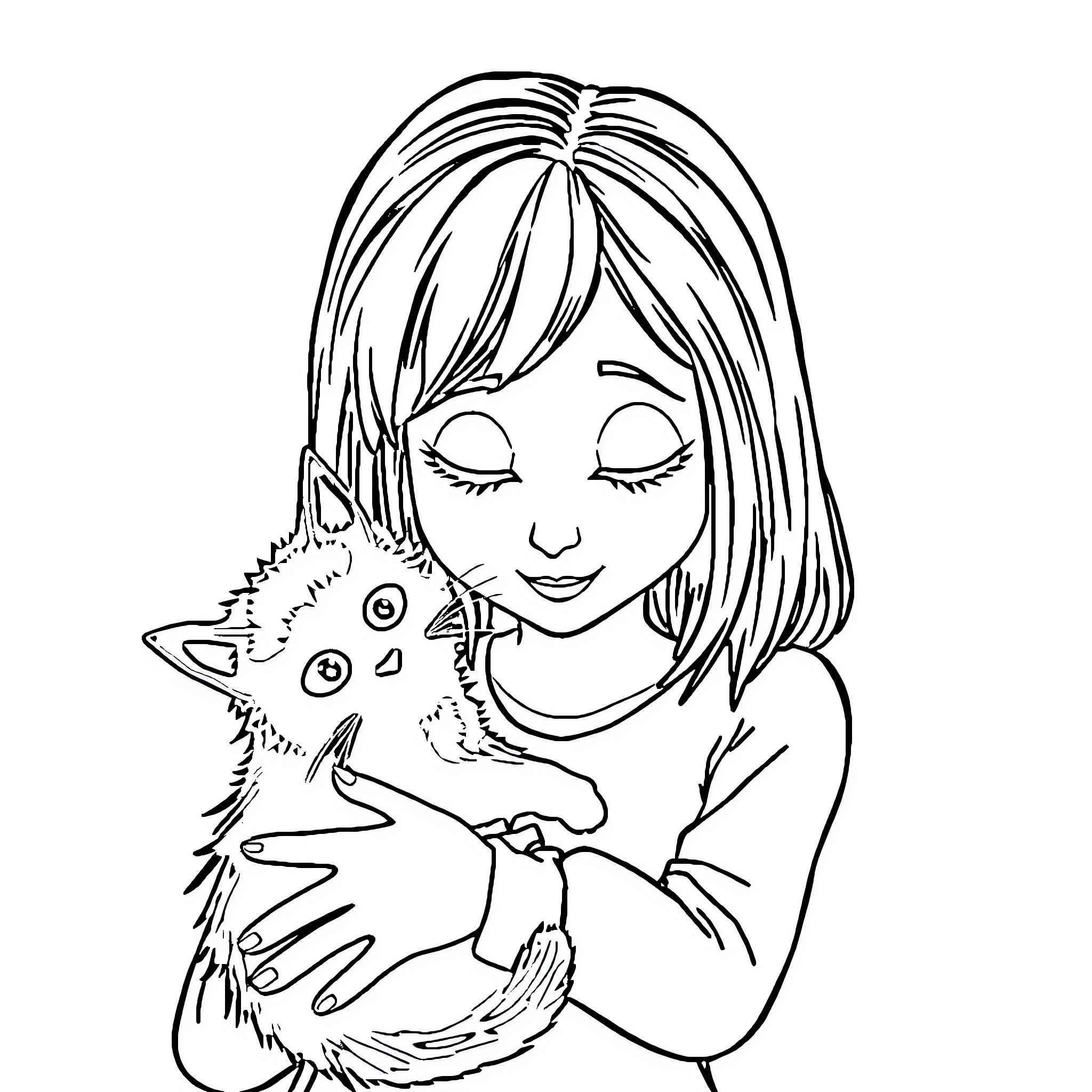 Coraline cuddling her beloved cat Coloring Page (free black-and-white line drawing printable PDF for all, from beginners to advanced learners, including children, teens, adults, and seniors)