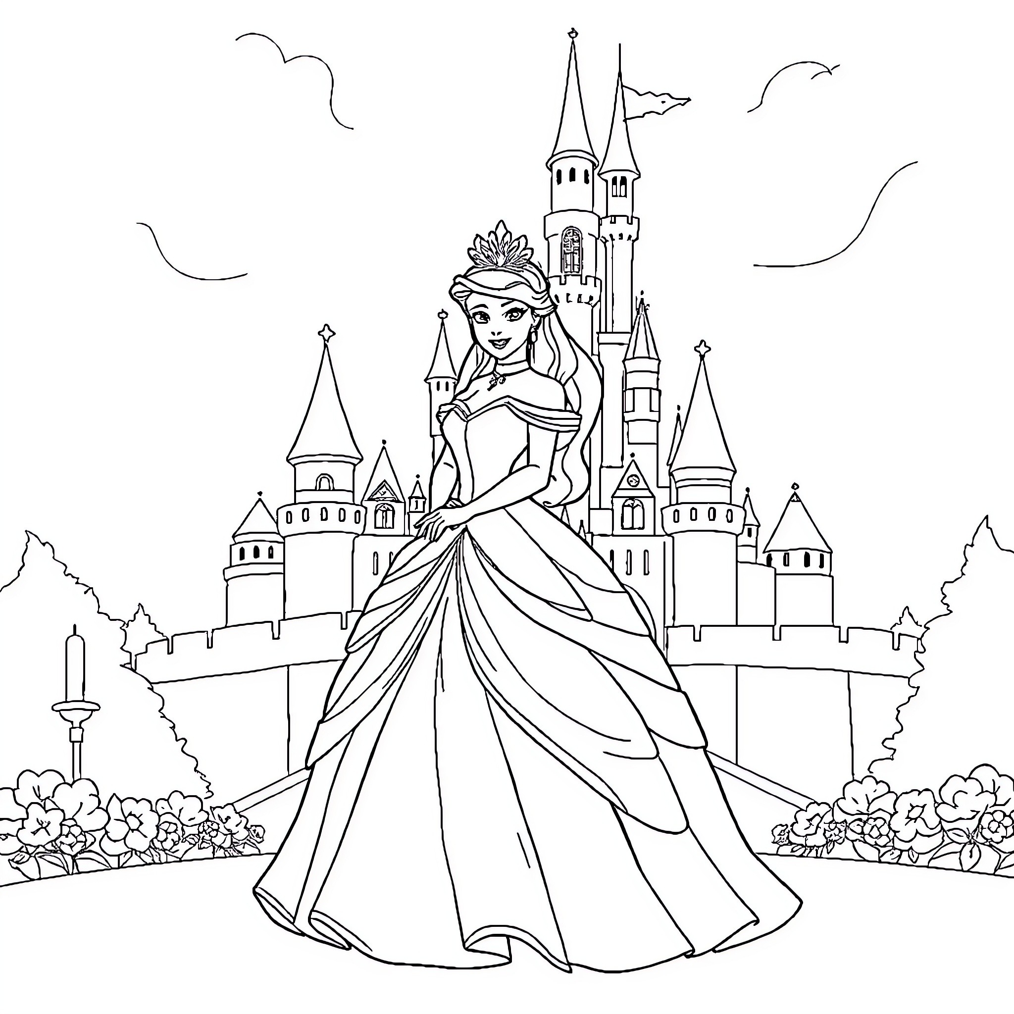 Disney Princess in elegant gown before majestic castle Coloring Page (free black-and-white line drawing printable PDF for all, from beginners to advanced learners, including children, teens, adults, and seniors)