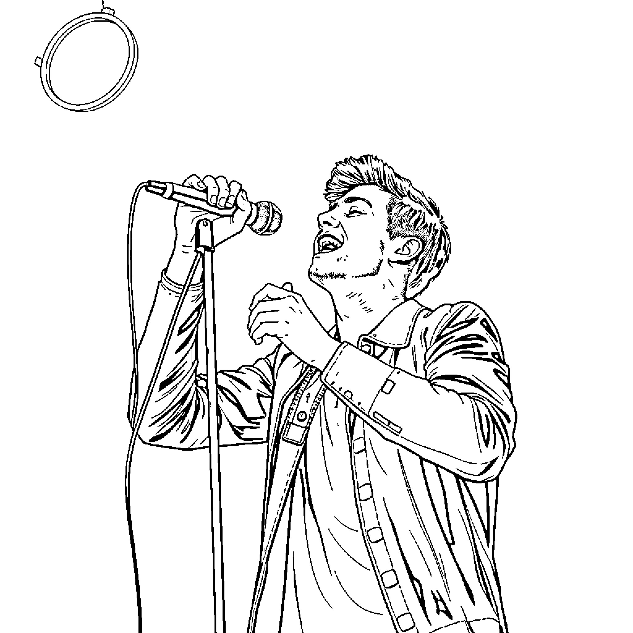 Daniel Seavey performing on stage with microphone Coloring Page (free black-and-white line drawing printable PDF for all, from beginners to advanced learners, including children, teens, adults, and seniors)