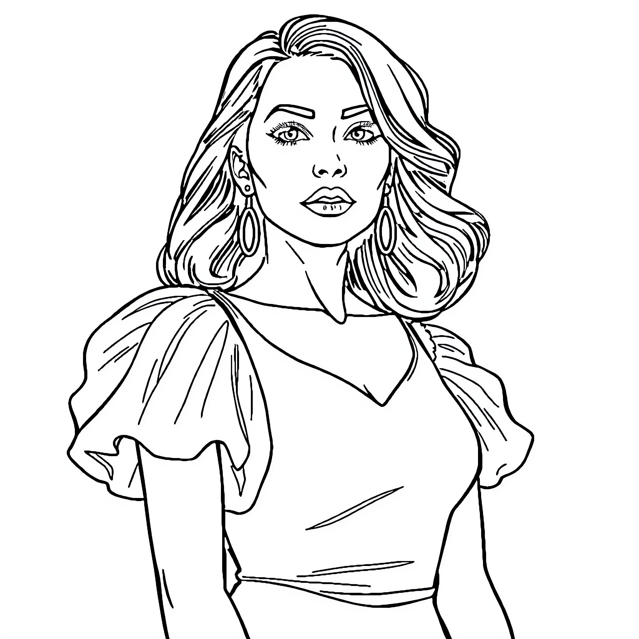 Violet Myers Posing Confidently in Elegant Attire Coloring Page (free black-and-white line drawing printable PDF for all, from beginners to advanced learners, including children, teens, adults, and seniors)