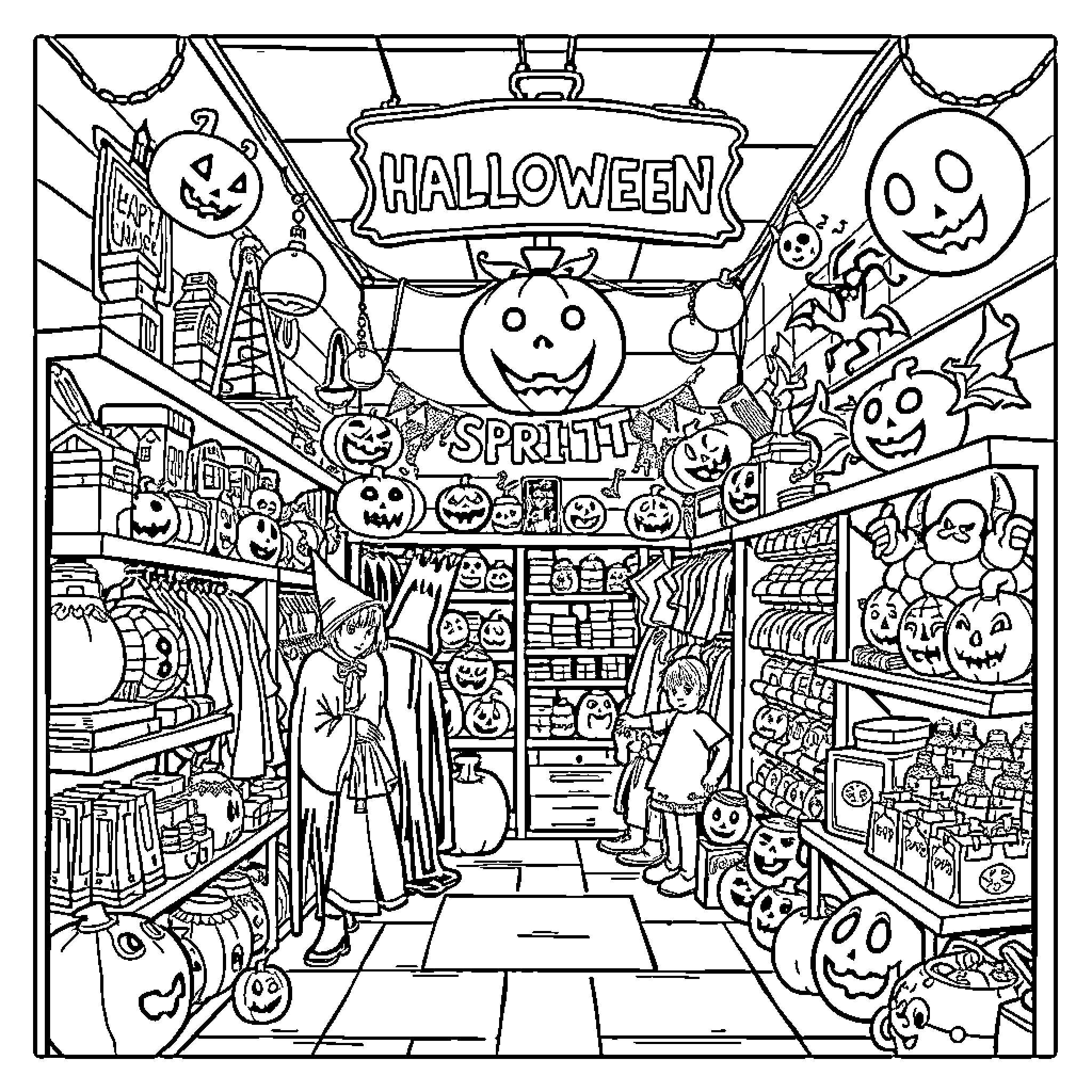 Spirit of Halloween Celebration in the Store Coloring Page (free black-and-white line drawing printable PDF for all, from beginners to advanced learners, including children, teens, adults, and seniors)