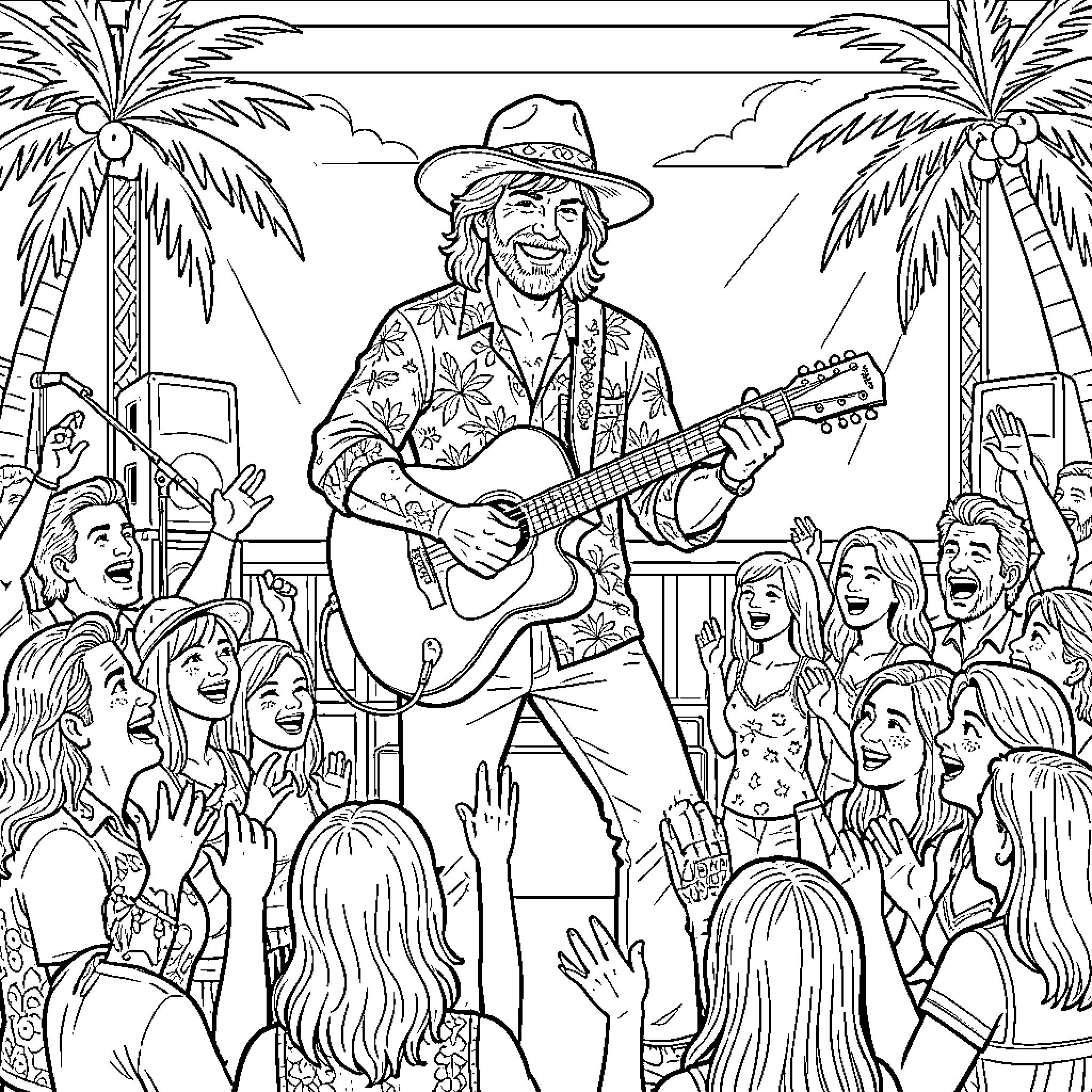 Jimmy Buffett playing guitar for an enthusiastic crowd Coloring Page (free black-and-white line drawing printable PDF for all, from beginners to advanced learners, including children, teens, adults, and seniors)