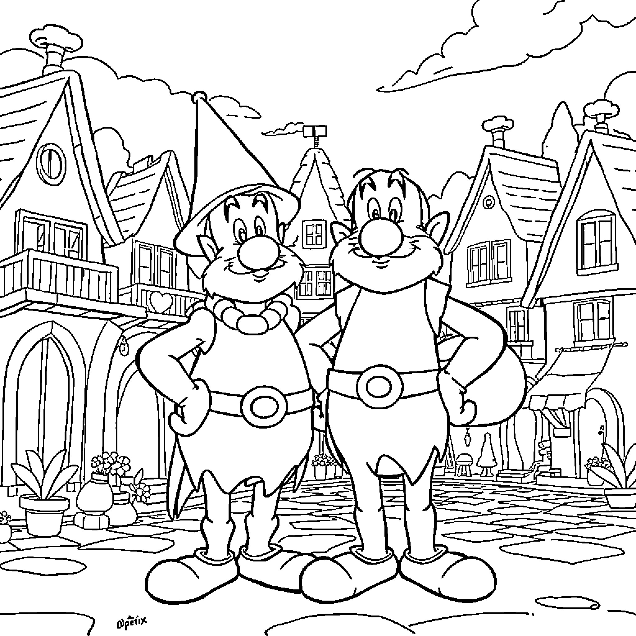 Asterix and Obelix in a Whimsical Village Coloring Page (free black-and-white line drawing printable PDF for all, from beginners to advanced learners, including children, teens, adults, and seniors)
