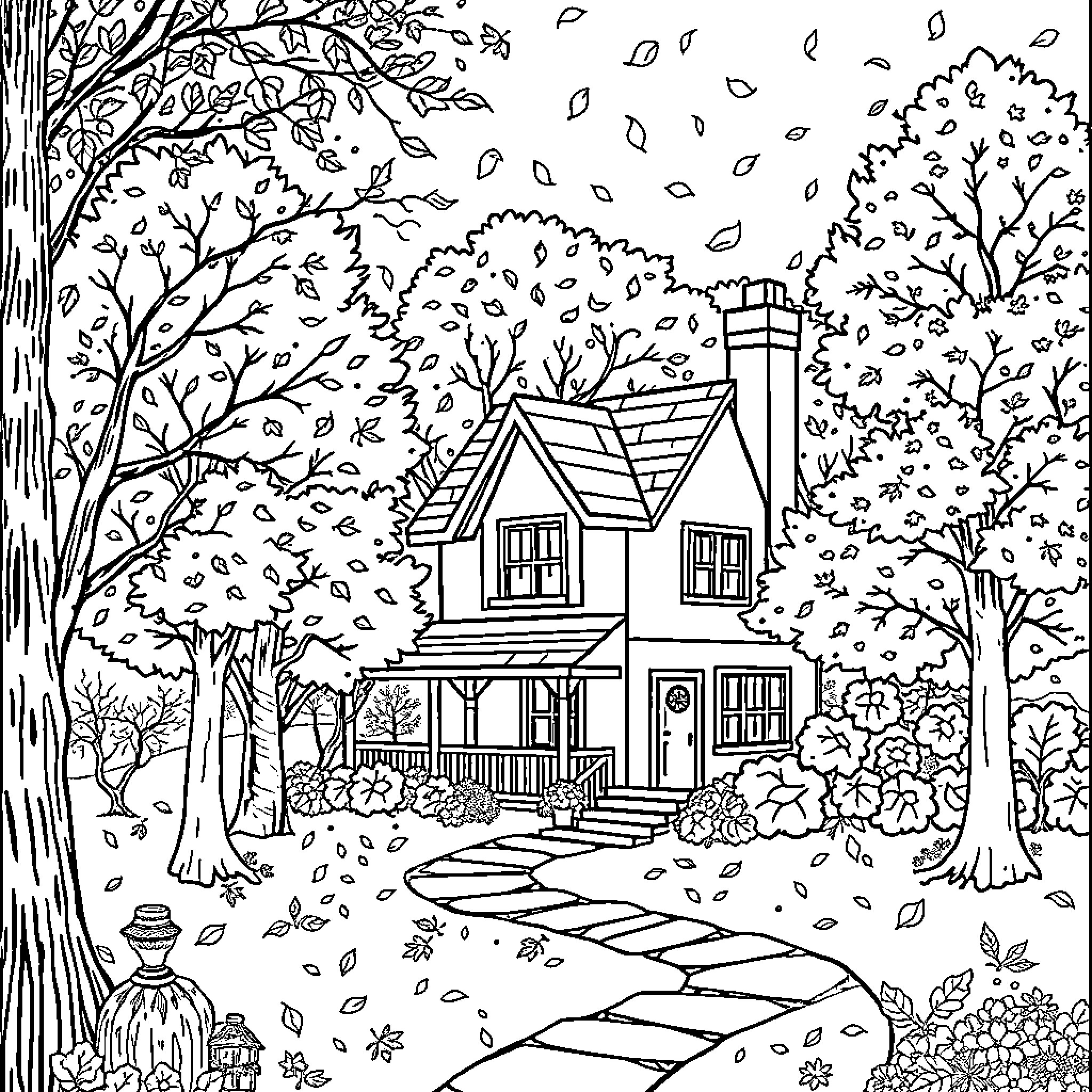 House in Autumn Landscape with Falling Leaves Coloring Page (free black-and-white line drawing printable PDF for all, from beginners to advanced learners, including children, teens, adults, and seniors)