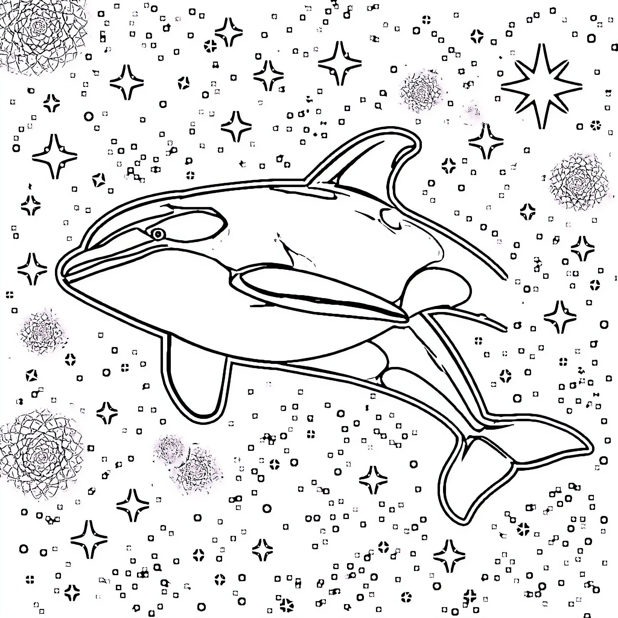 Orca swimming amidst twinkling stars Coloring Page (free black-and-white line drawing printable PDF for all, from beginners to advanced learners, including children, teens, adults, and seniors)