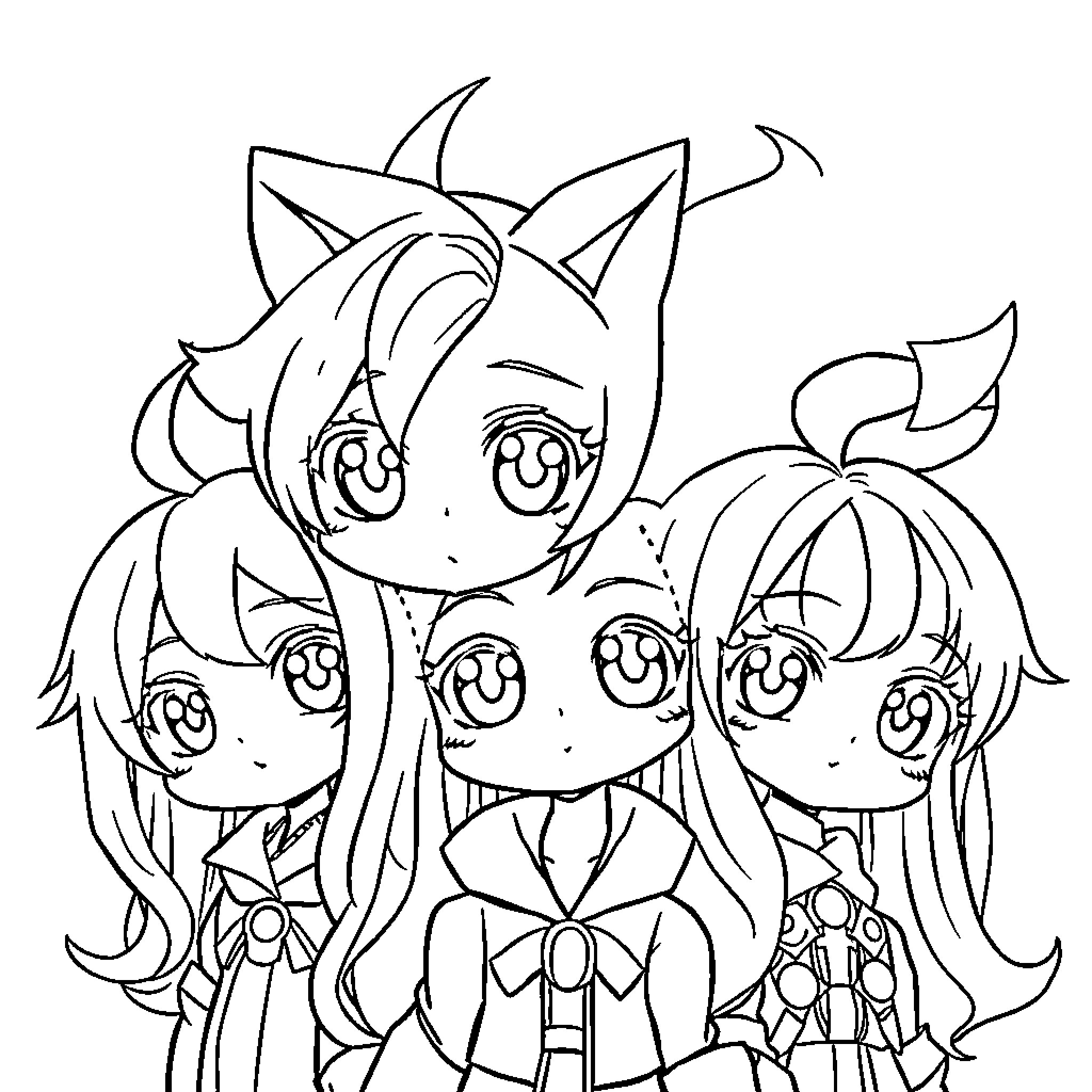 Anime Girls with Expressive Faces and Cute Outfits Coloring Page (free black-and-white line drawing printable PDF for all, from beginners to advanced learners, including children, teens, adults, and seniors)