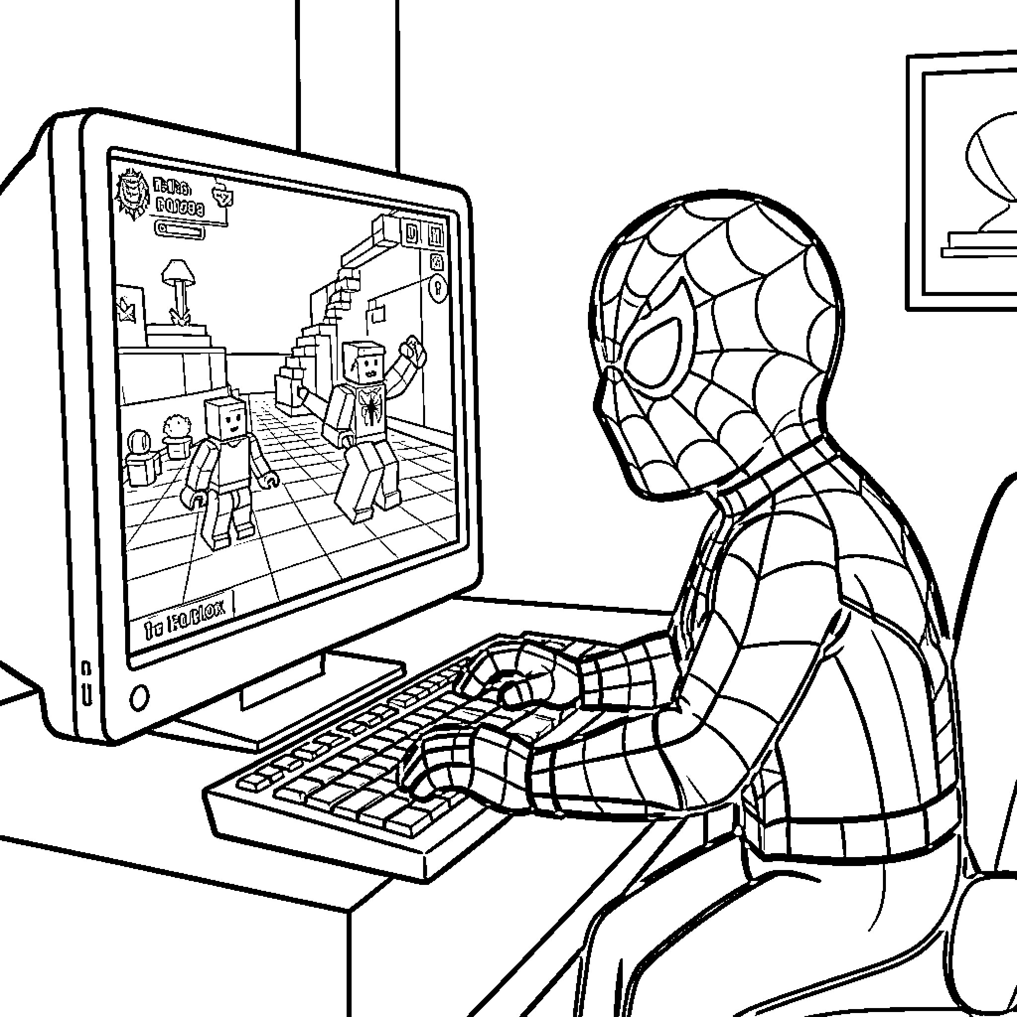 Spiderman playing a video game on a computer Coloring Page (free black-and-white line drawing printable PDF for all, from beginners to advanced learners, including children, teens, adults, and seniors)