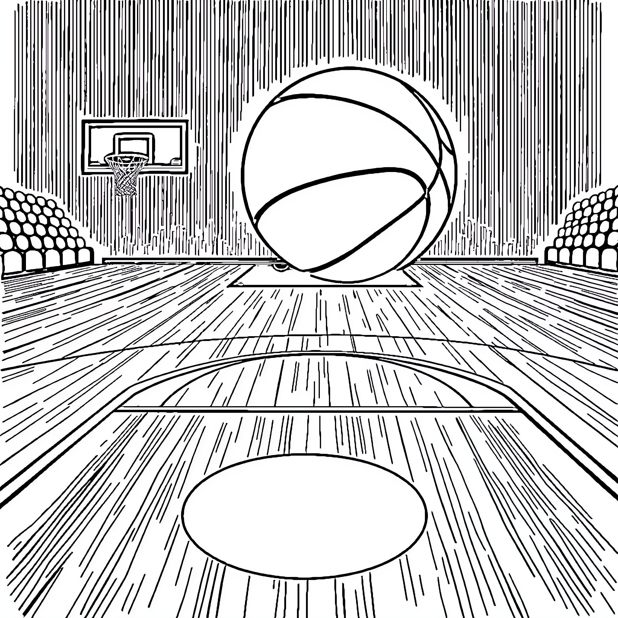 Basketball players on the court with a ball Coloring Page (free black-and-white line drawing printable PDF for all, from beginners to advanced learners, including children, teens, adults, and seniors)