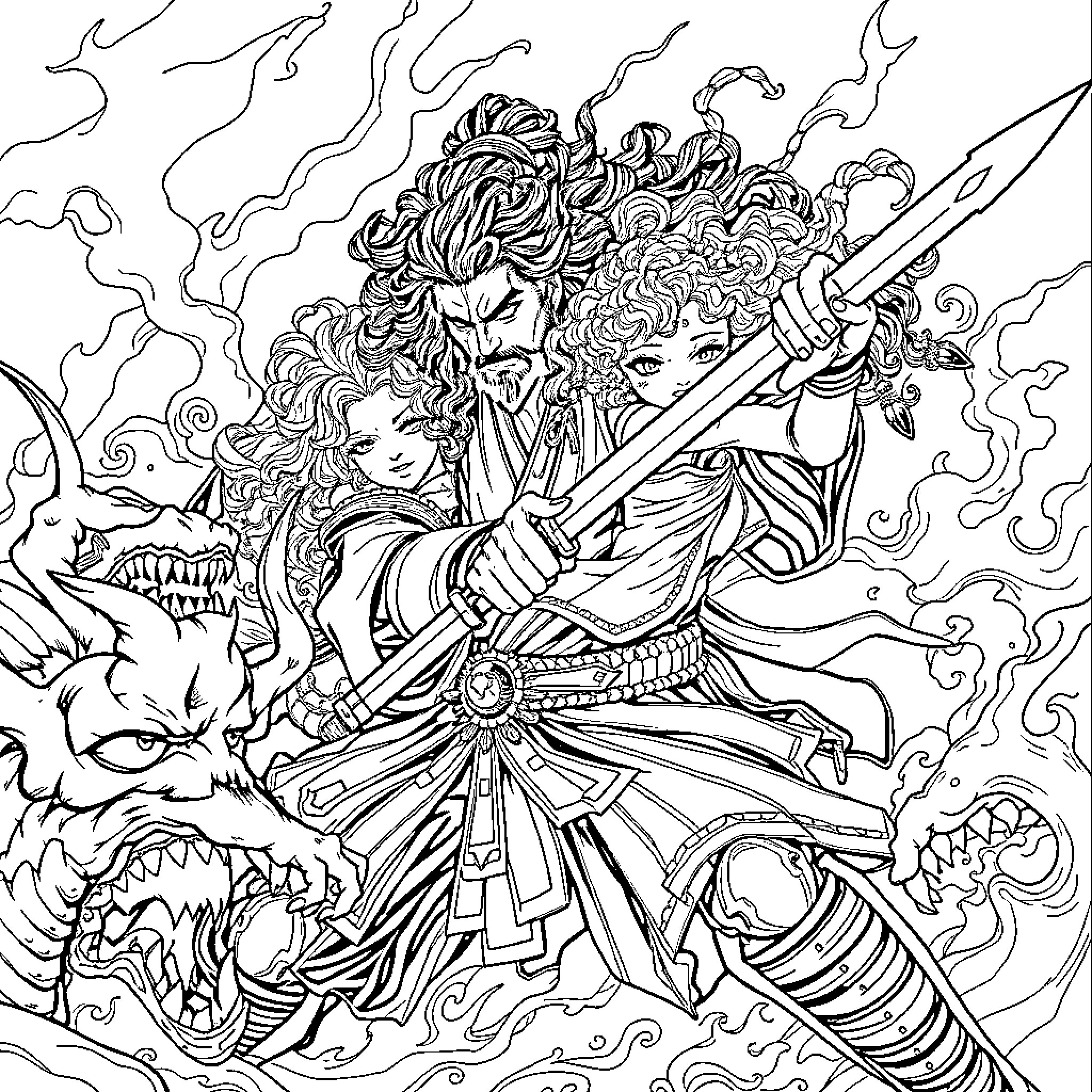 Samurai Warrior in Fierce Battle with Mythical Creatures Coloring Page (free black-and-white line drawing printable PDF for all, from beginners to advanced learners, including children, teens, adults, and seniors)