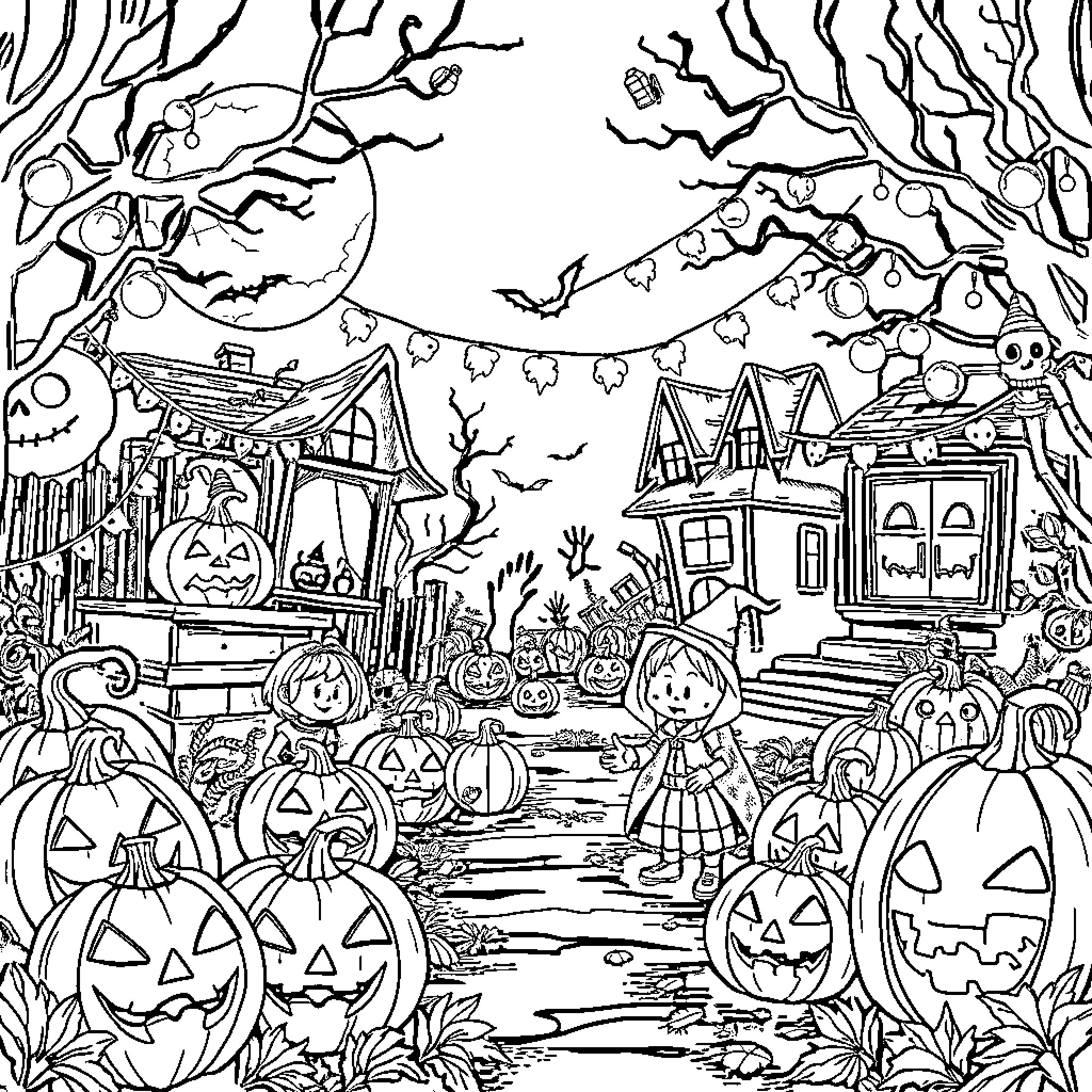 Halloween Spooky Scenes with Pumpkins and Characters Coloring Page (free black-and-white line drawing printable PDF for all, from beginners to advanced learners, including children, teens, adults, and seniors)