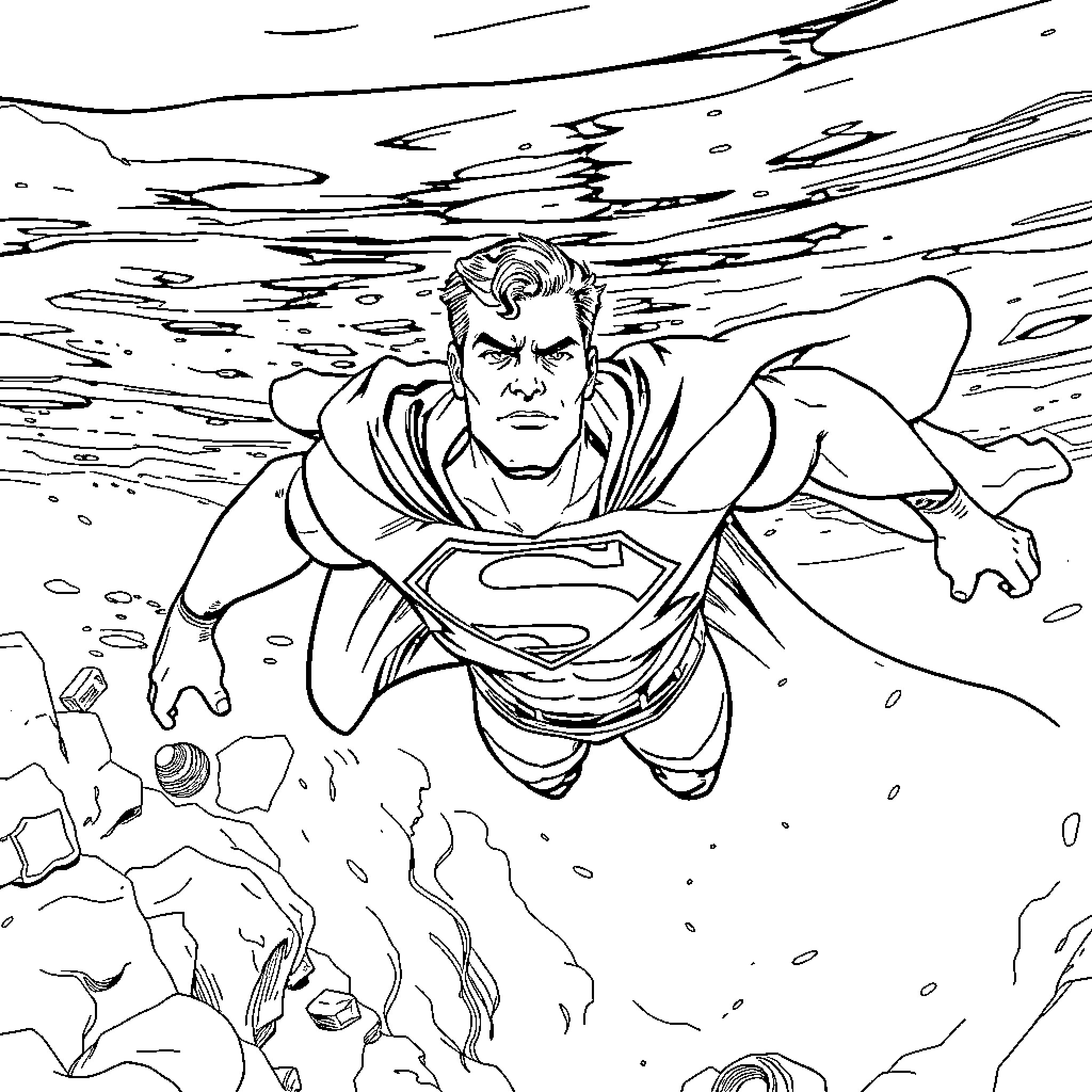 Superman flying through an underwater landscape Coloring Page (free black-and-white line drawing printable PDF for all, from beginners to advanced learners, including children, teens, adults, and seniors)