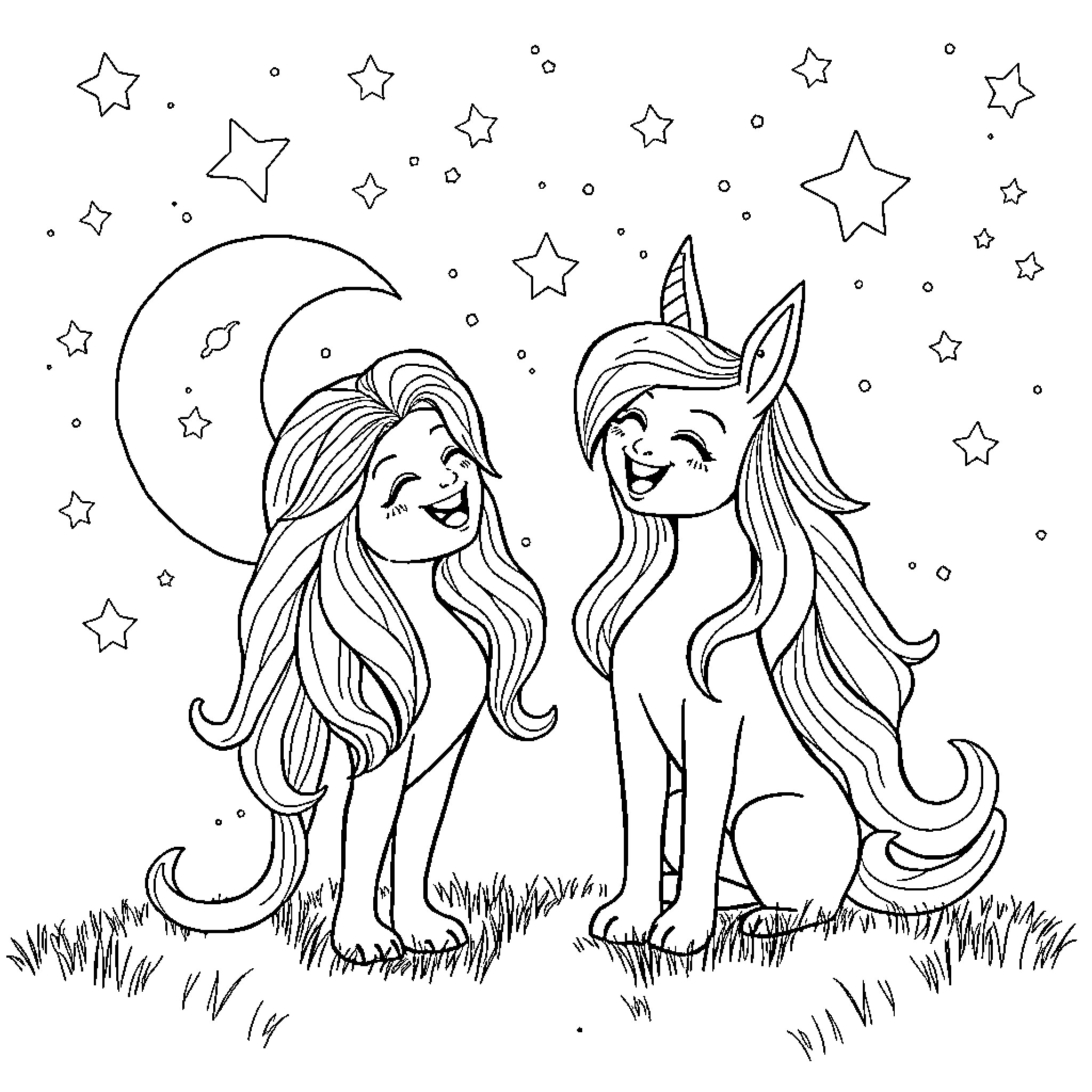 Luna and the Unicorn Companions under the Night Sky Coloring Page (free black-and-white line drawing printable PDF for all, from beginners to advanced learners, including children, teens, adults, and seniors)