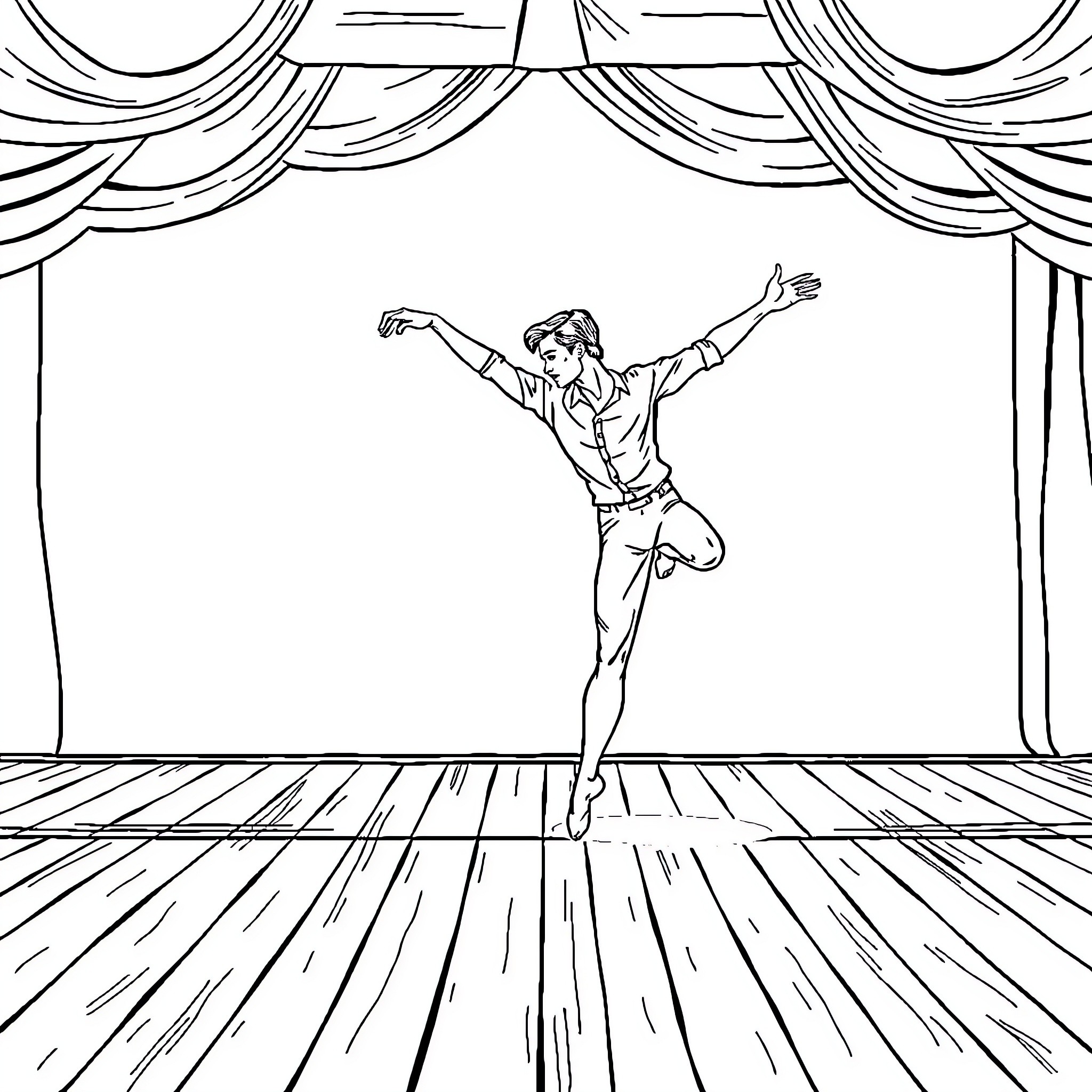 Man performing on stage with theatrical gestures Coloring Page (free black-and-white line drawing printable PDF for all, from beginners to advanced learners, including children, teens, adults, and seniors)