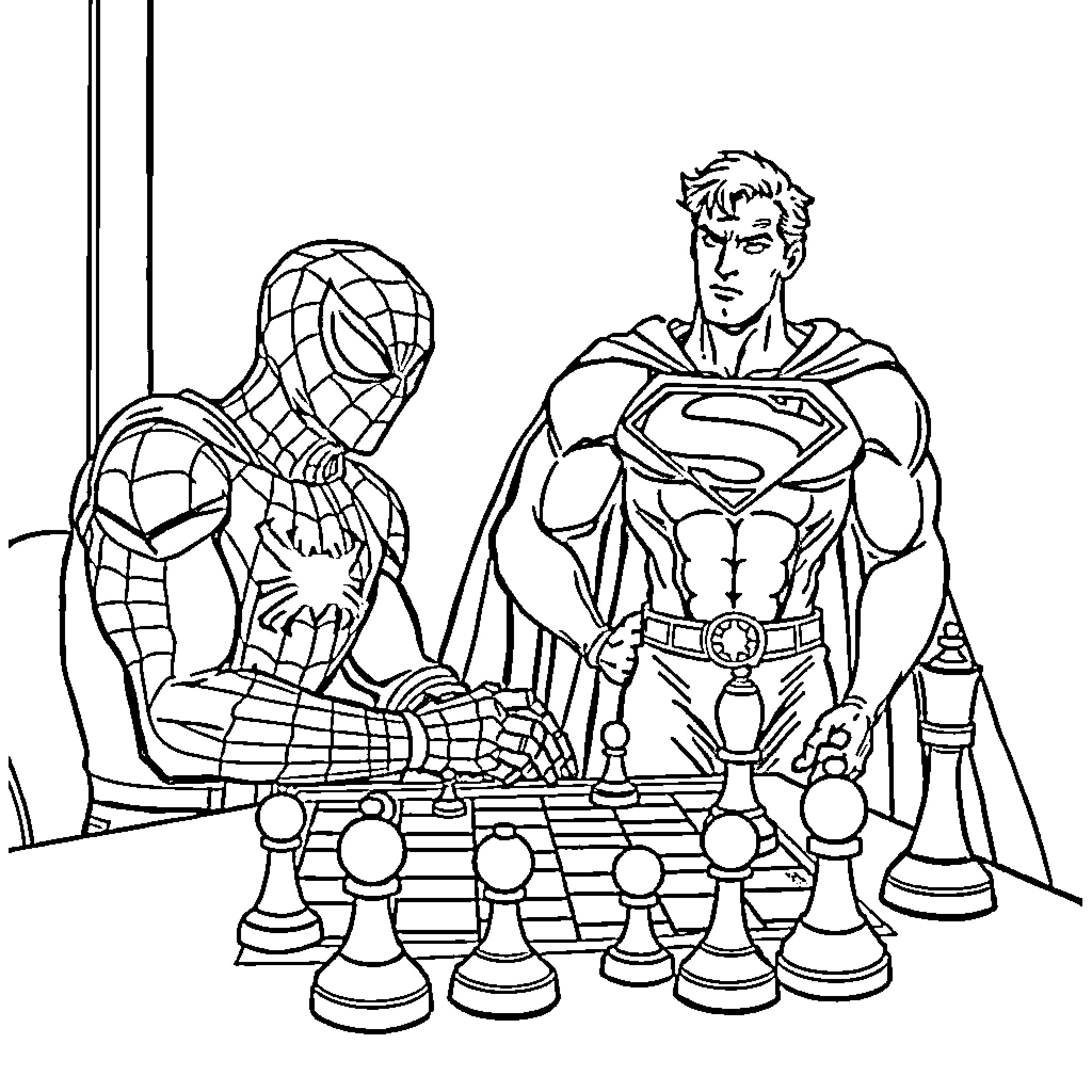 Spiderman and Superman playing chess together Coloring Page (free black-and-white line drawing printable PDF for all, from beginners to advanced learners, including children, teens, adults, and seniors)