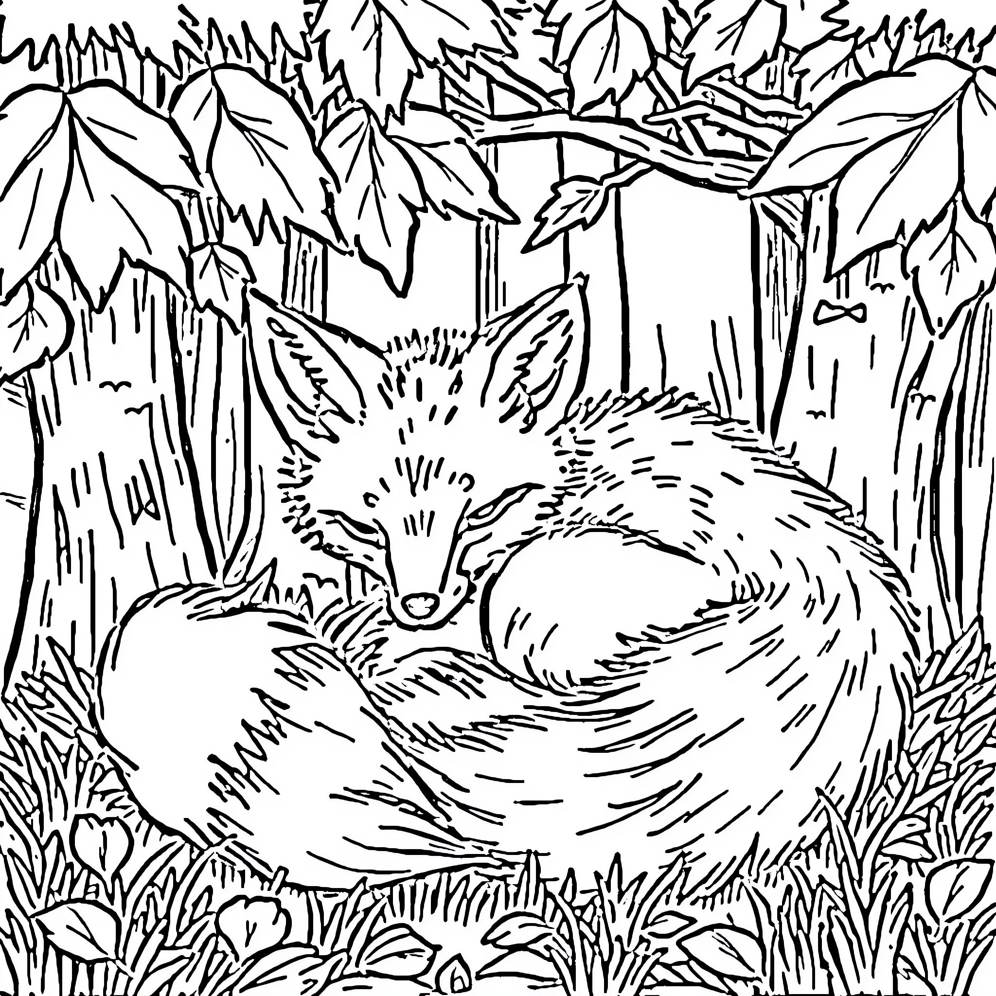 Fox sleeping peacefully in the forest Coloring Page (free black-and-white line drawing printable PDF for all, from beginners to advanced learners, including children, teens, adults, and seniors)