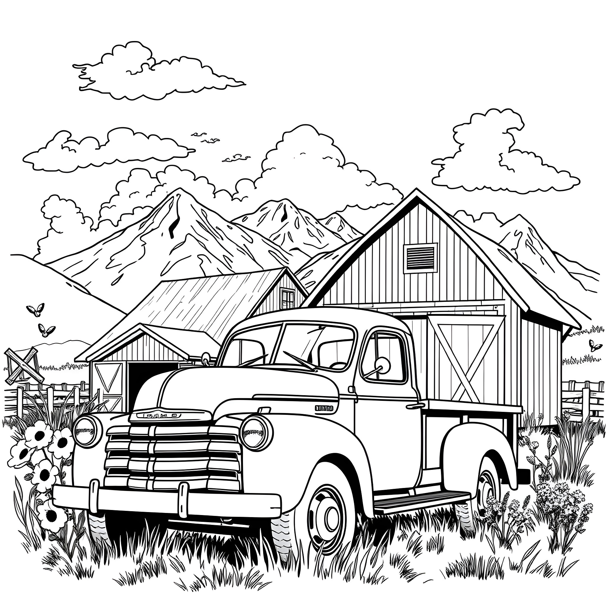 Truck parked in front of a rustic cabin in the mountains Coloring Page (free black-and-white line drawing printable PDF for all, from beginners to advanced learners, including children, teens, adults, and seniors)