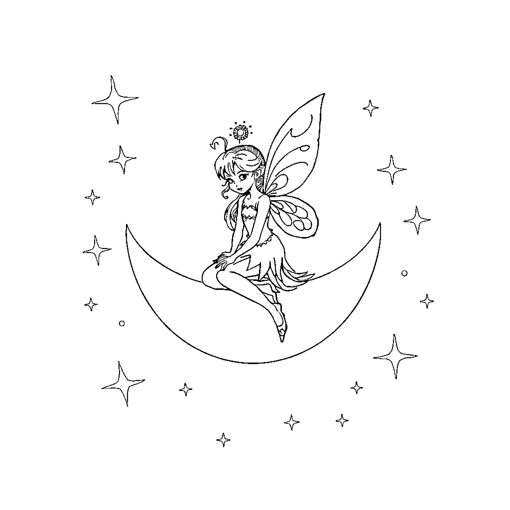 Fairy resting on a crescent moon Coloring Page (free black-and-white line drawing printable PDF for all, from beginners to advanced learners, including children, teens, adults, and seniors)